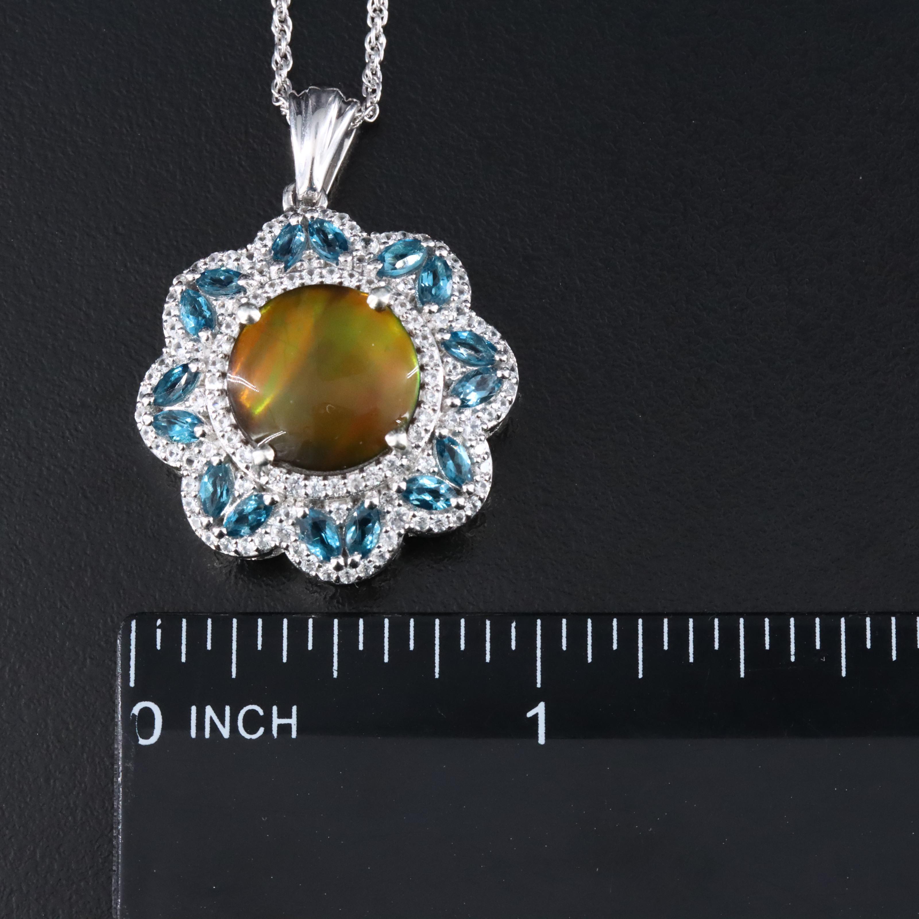 Sterling Ammolite Doublet, Topaz and White Zircon Pendant Necklace