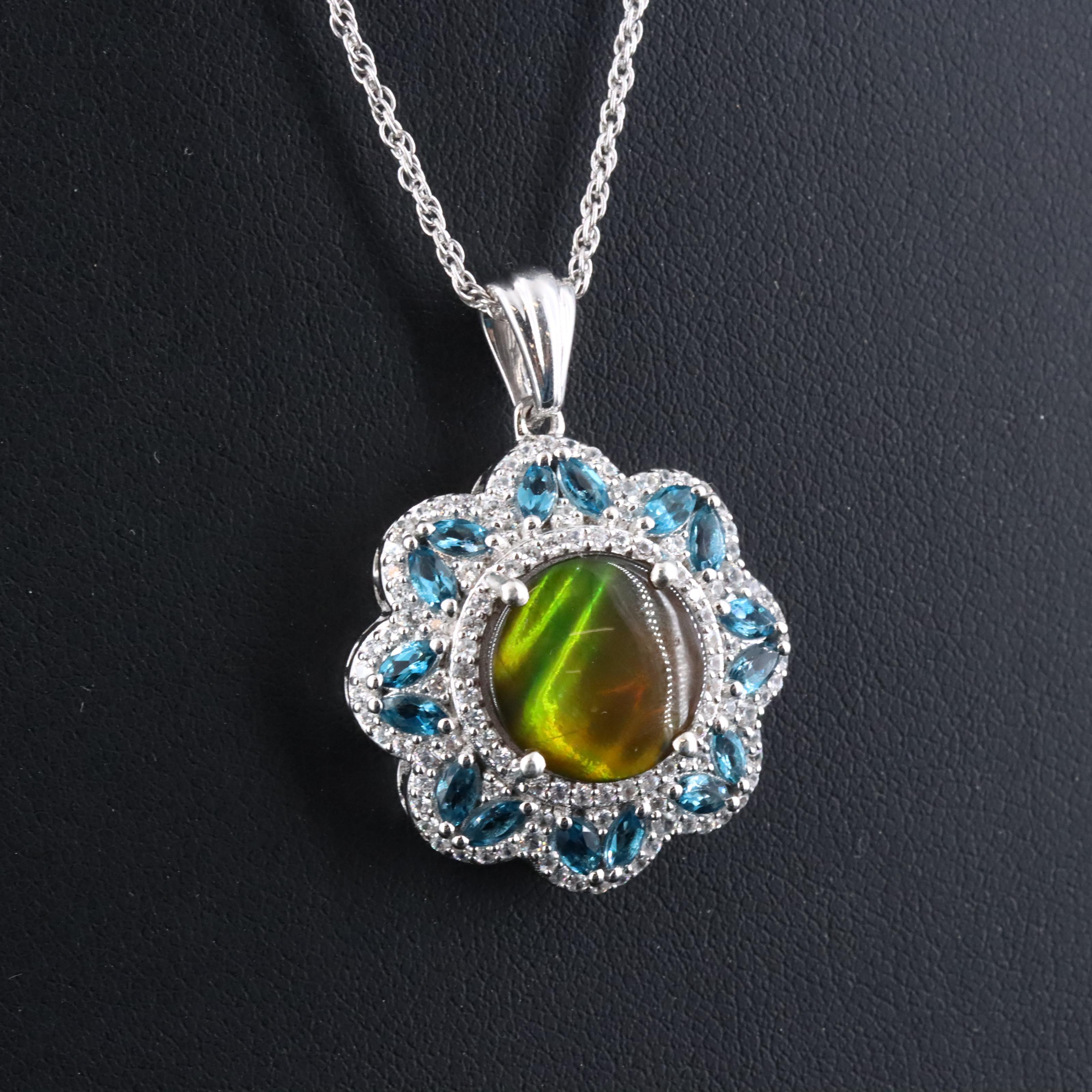 Sterling Ammolite Doublet, Topaz and White Zircon Pendant Necklace
