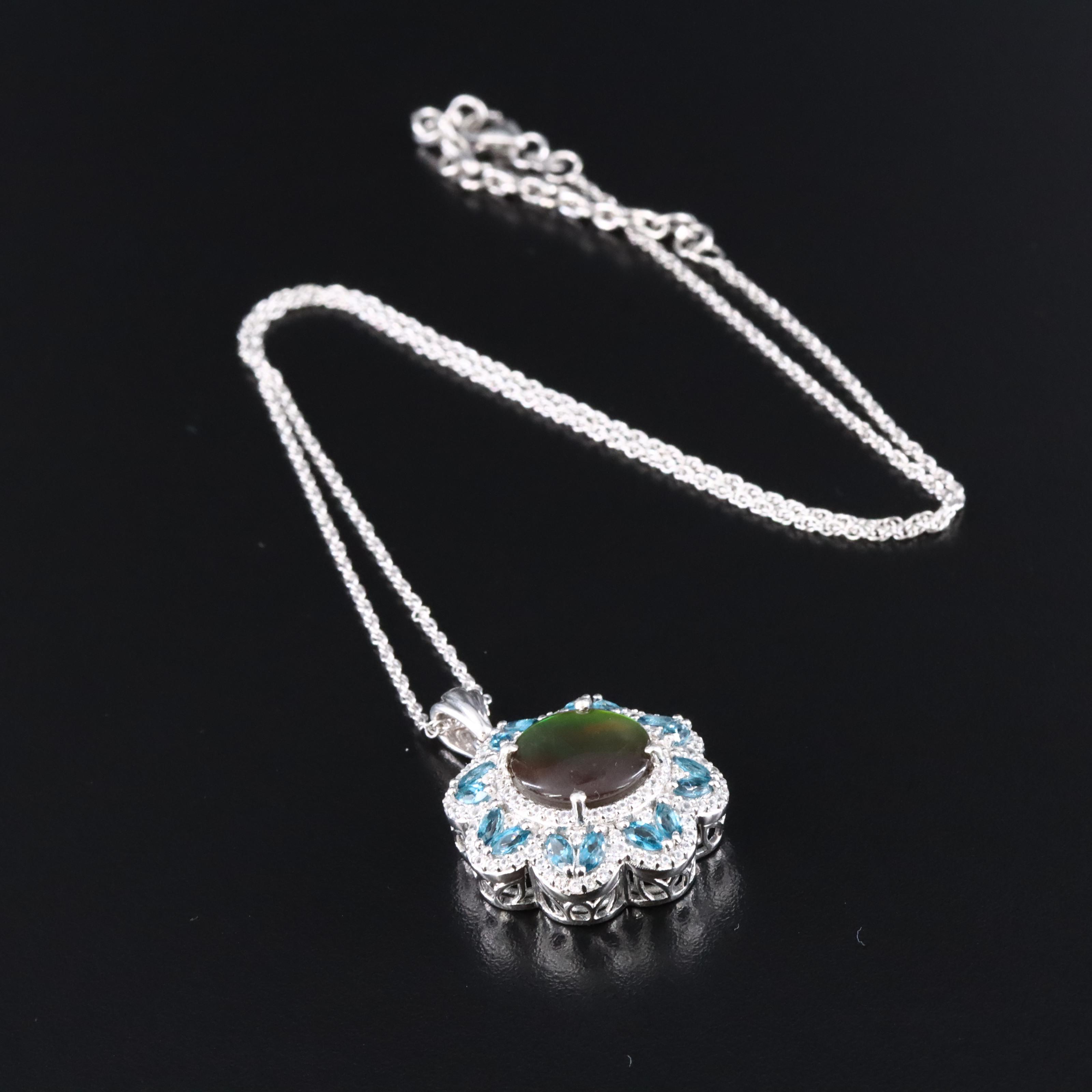 Sterling Ammolite Doublet, Topaz and White Zircon Pendant Necklace