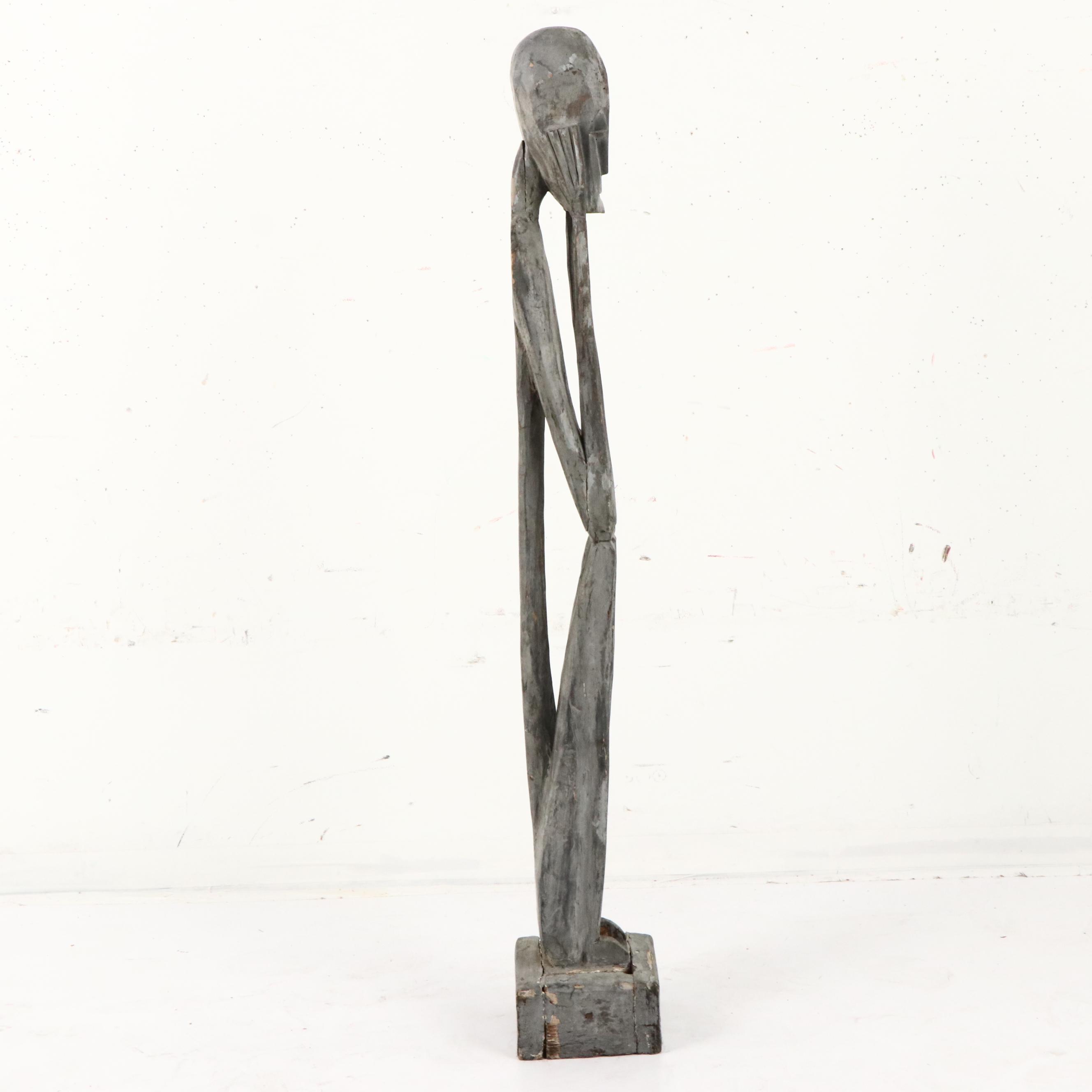 Nigerian Mumuye Style Carved Wooden Thinker Sculpture