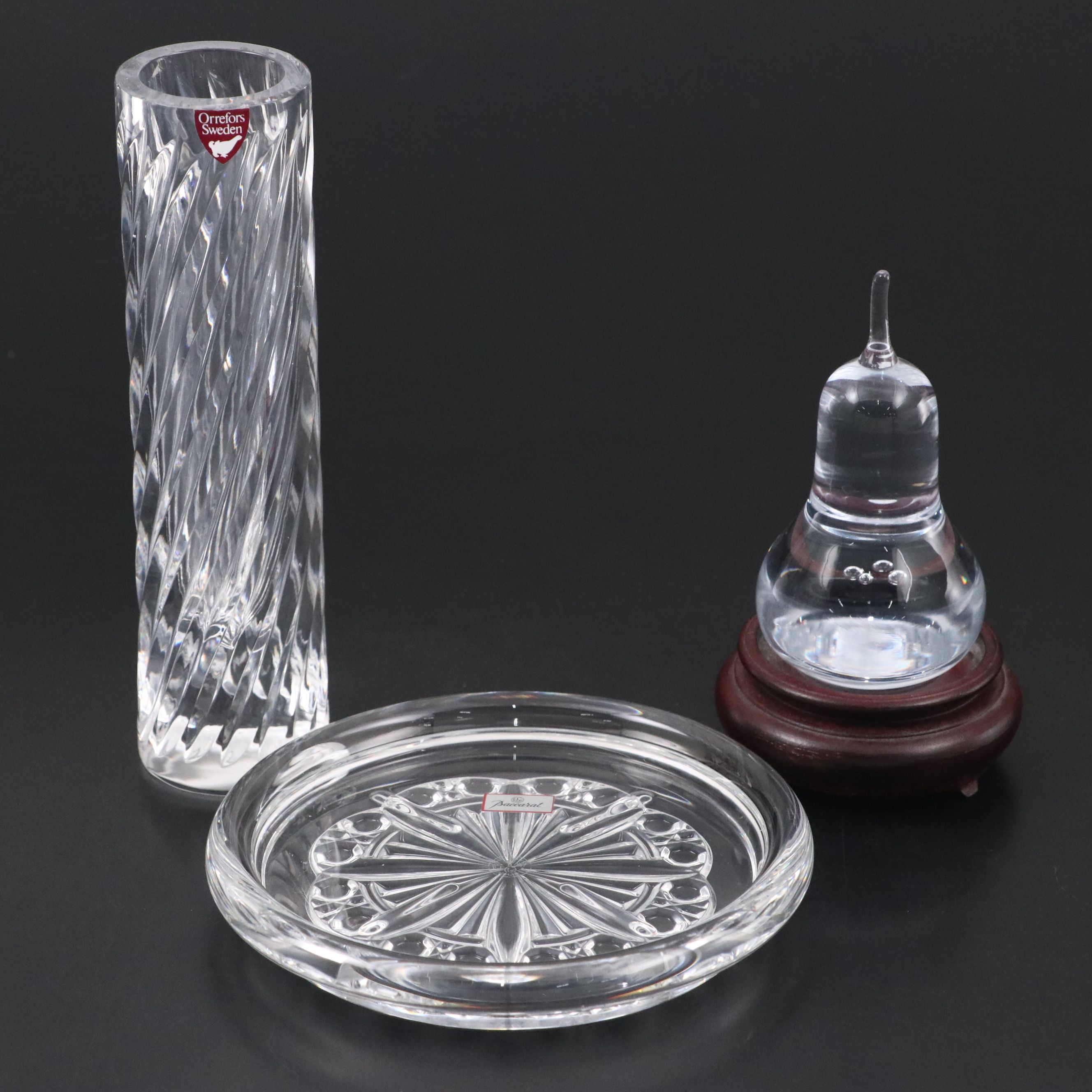 Baccarat "Rosace" Crystal Coaster, Orrefors Crystal Vase and Crystal Paperweight