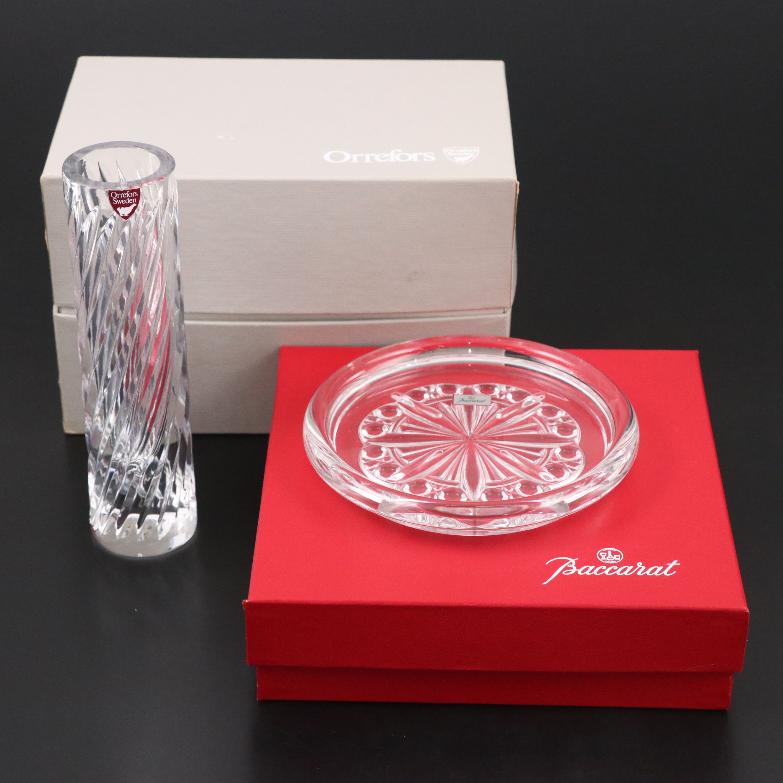 Baccarat "Rosace" Crystal Coaster, Orrefors Crystal Vase and Crystal Paperweight