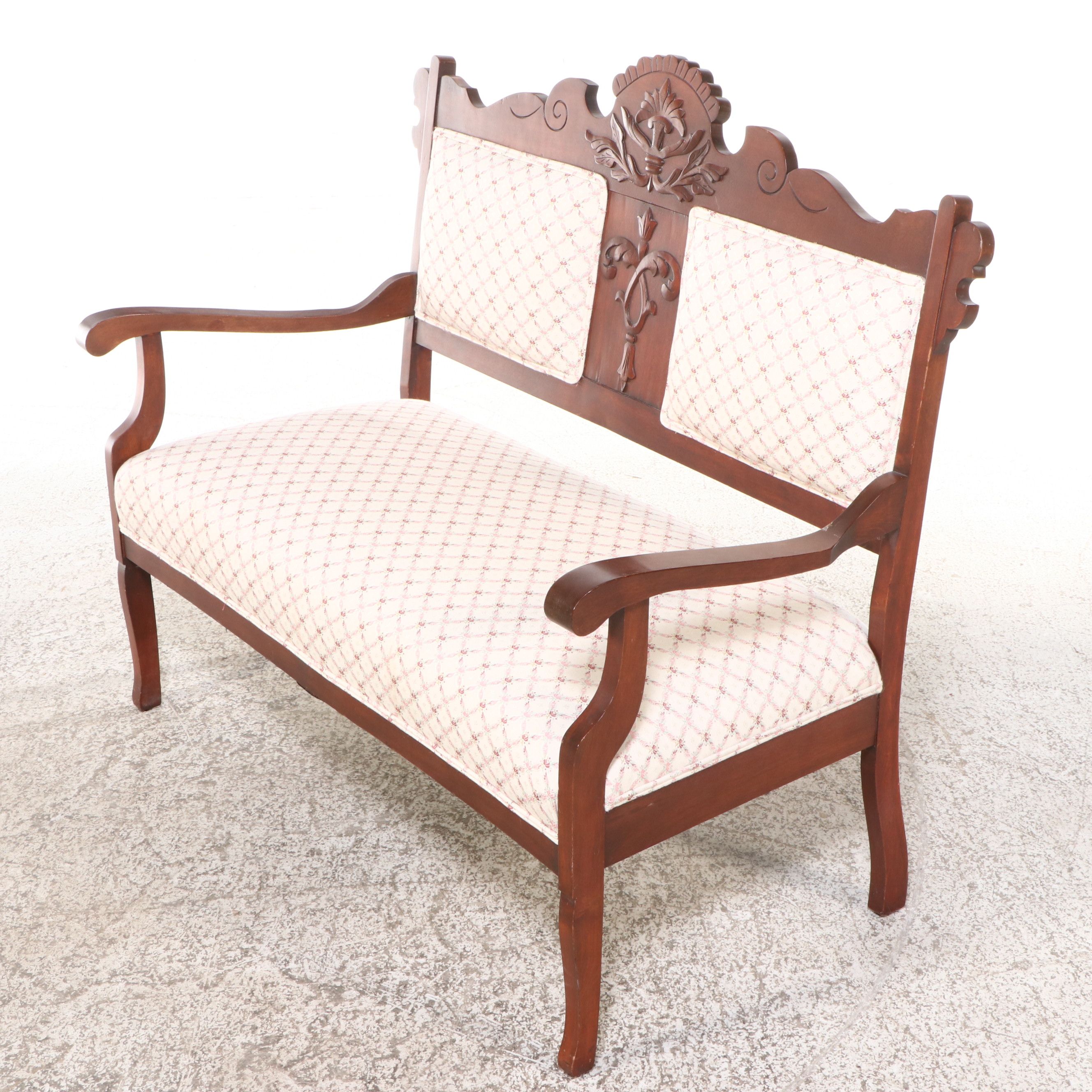 Victorian Eastlake Mahogany Settee and Armchair, Late 19th/Early 20th Century