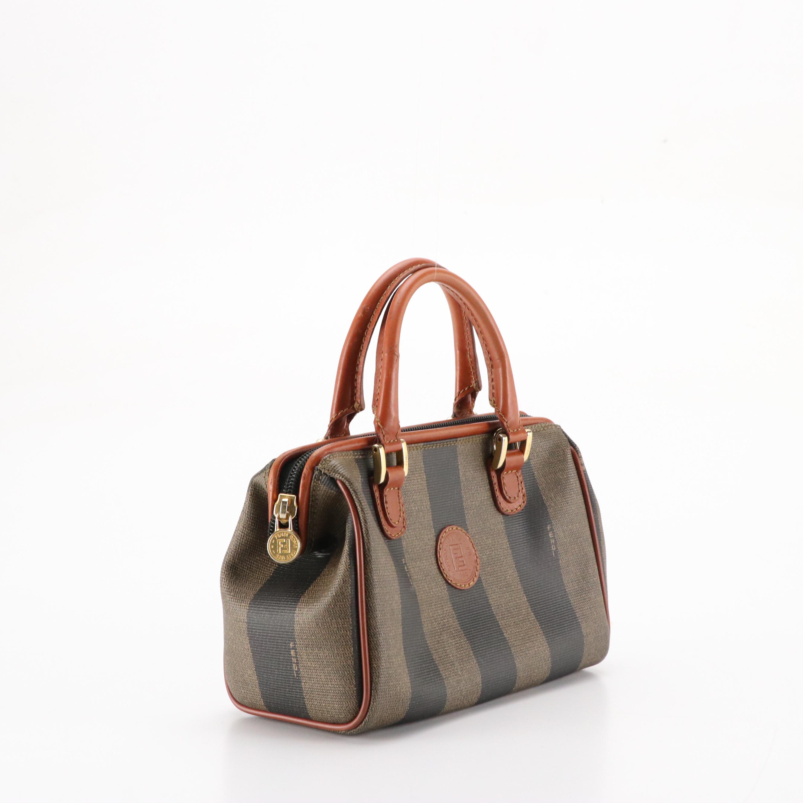 Fendi Small Framed Two-Way Boston Bag in Pequin Striped Canvas and Leather