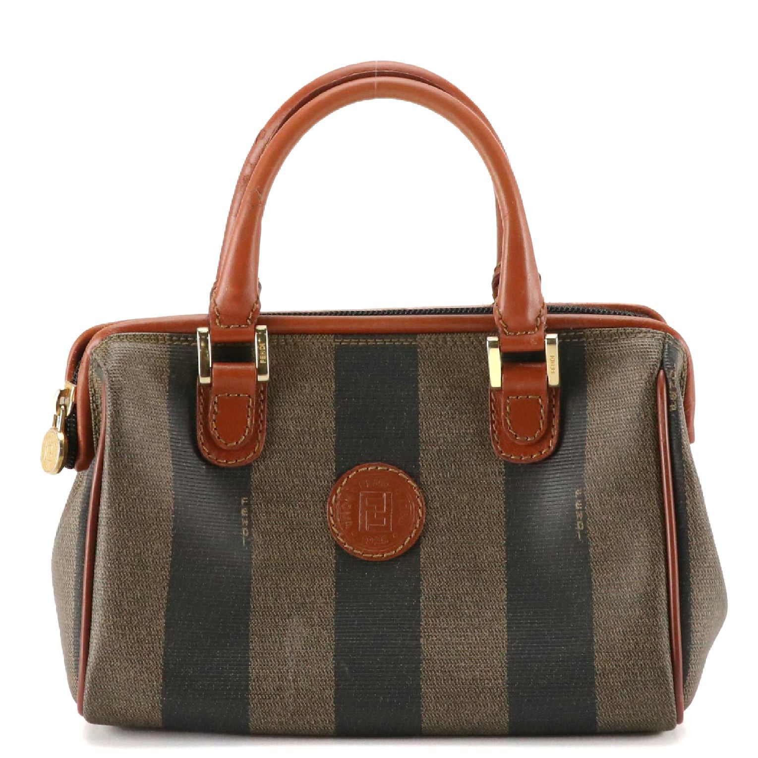Fendi Small Framed Two-Way Boston Bag in Pequin Striped Canvas and Leather