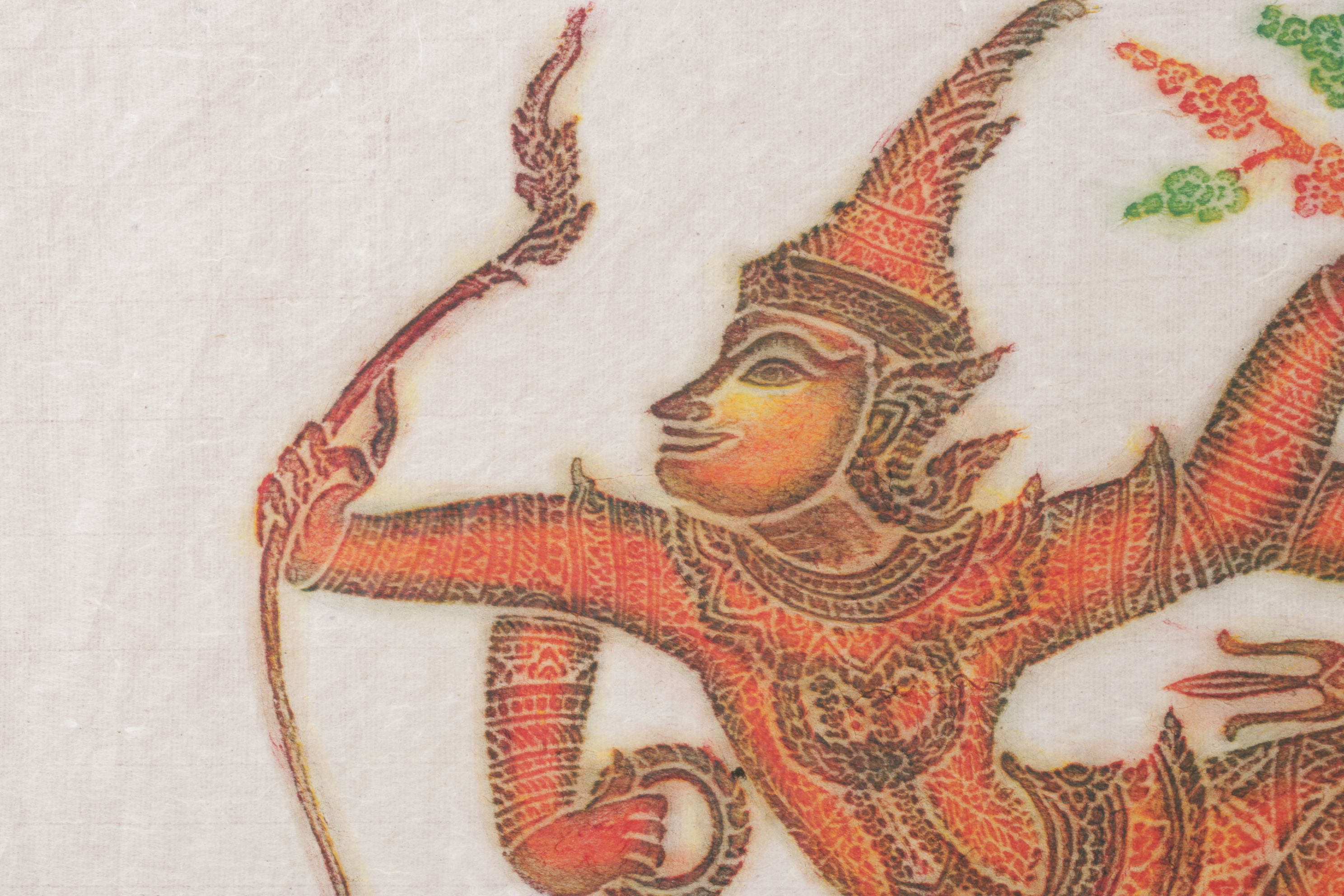 Thai Temple Multi-Color Charcoal Rubbings of Warrior Figures on Rice Paper