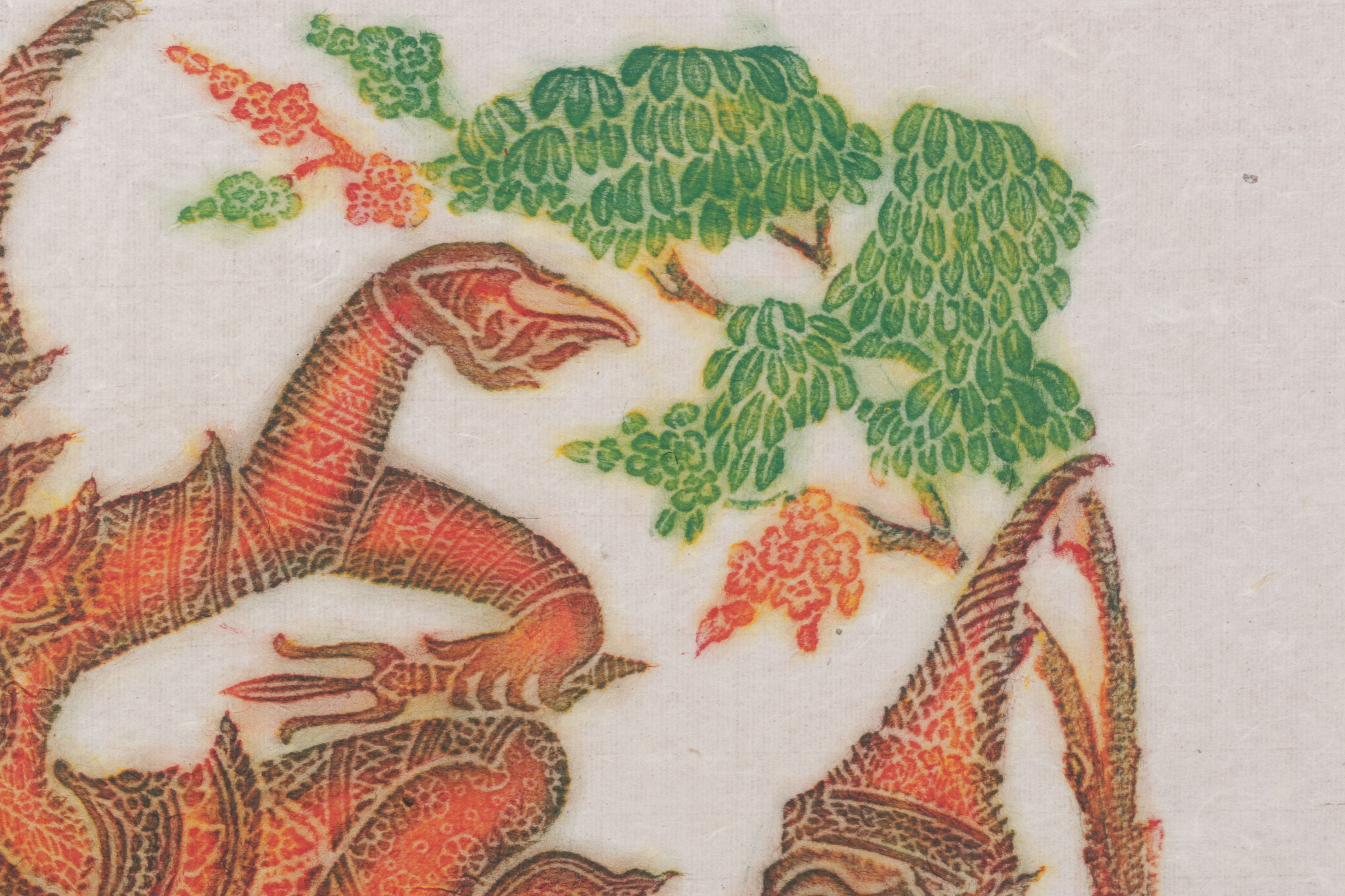 Thai Temple Multi-Color Charcoal Rubbings of Warrior Figures on Rice Paper