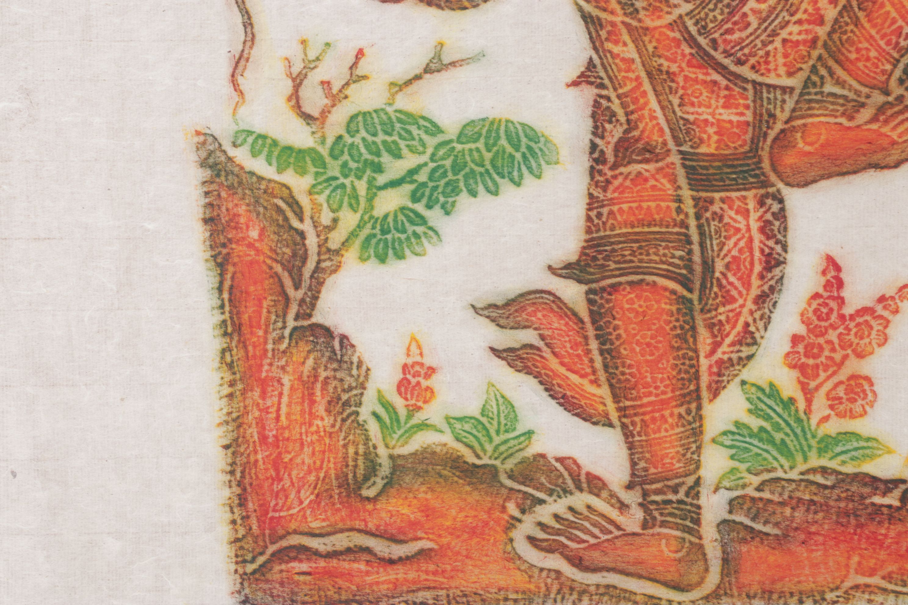 Thai Temple Multi-Color Charcoal Rubbings of Warrior Figures on Rice Paper