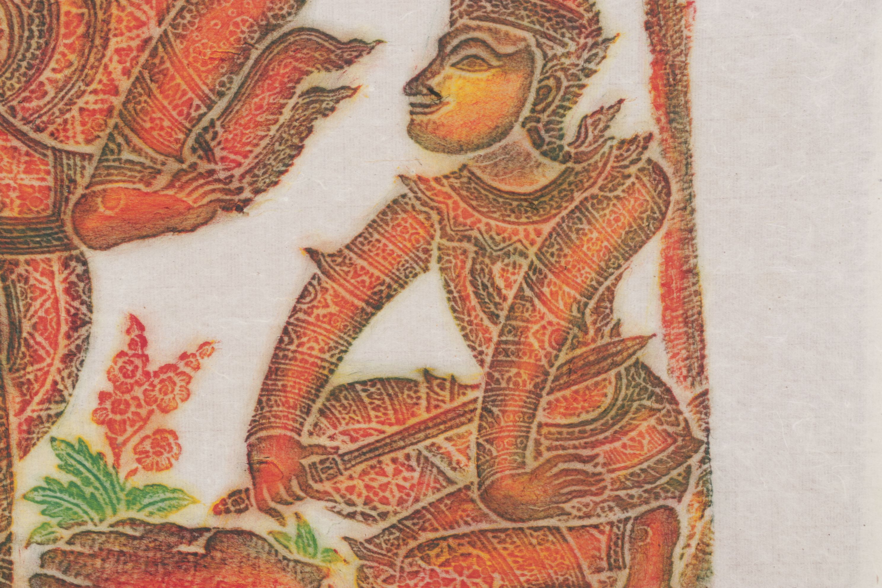 Thai Temple Multi-Color Charcoal Rubbings of Warrior Figures on Rice Paper