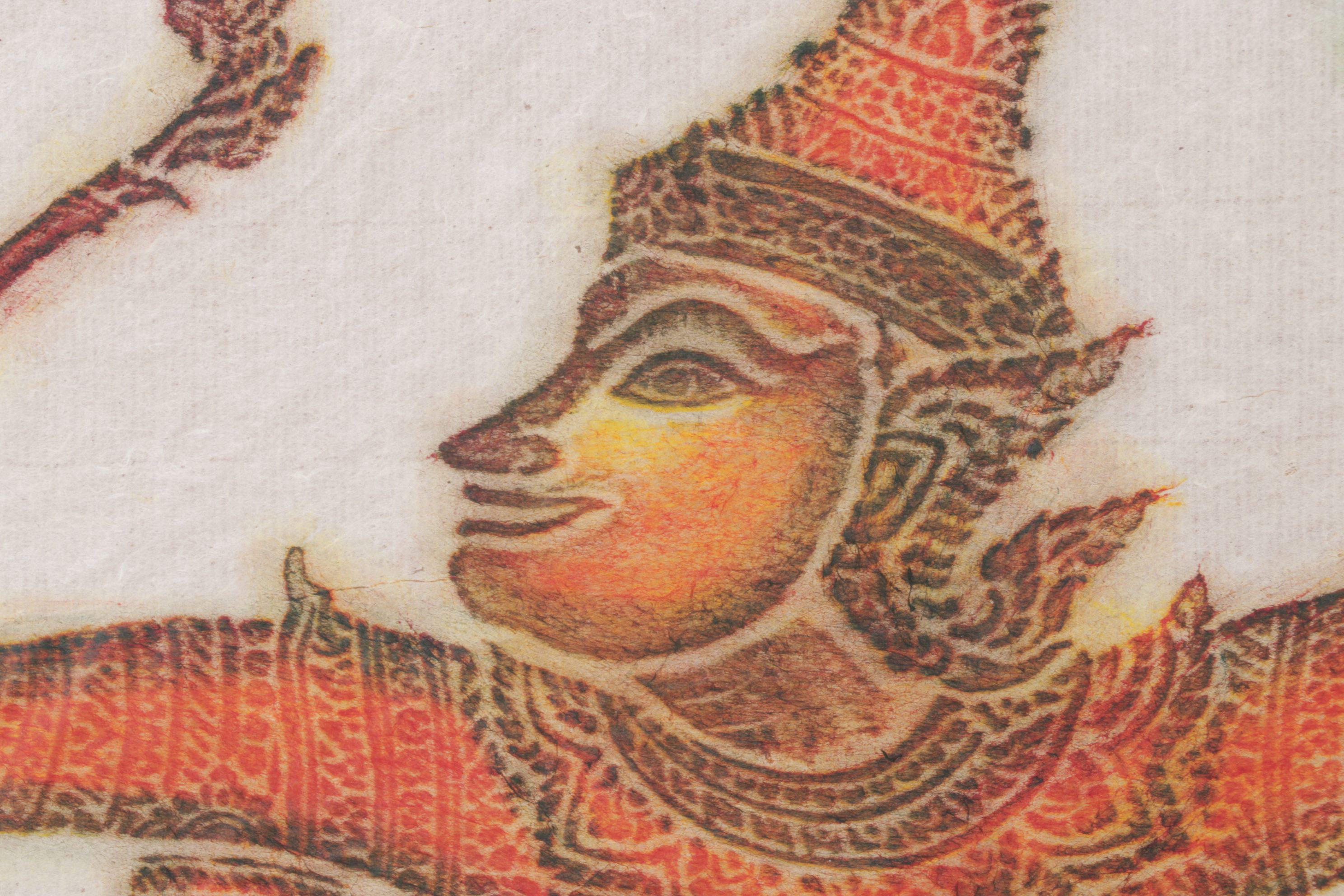 Thai Temple Multi-Color Charcoal Rubbings of Warrior Figures on Rice Paper