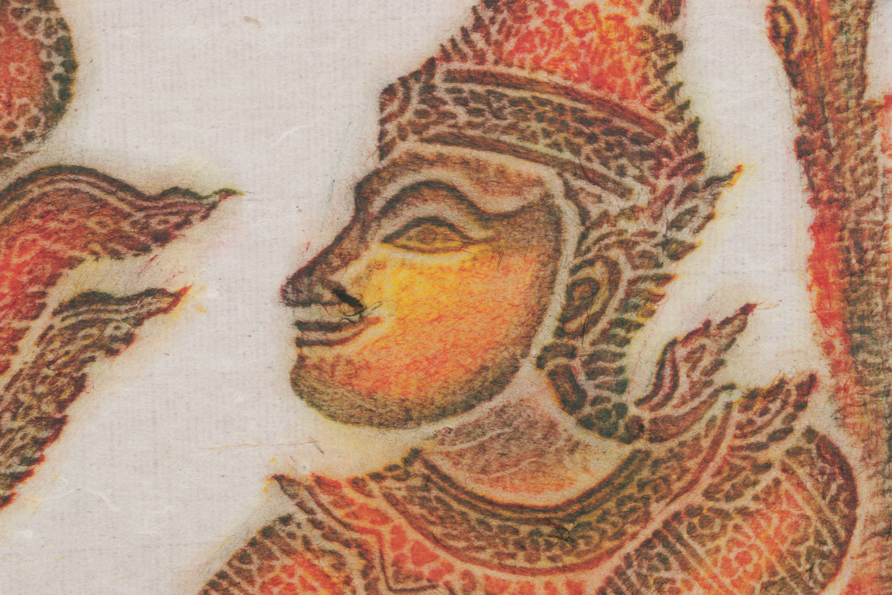 Thai Temple Multi-Color Charcoal Rubbings of Warrior Figures on Rice Paper