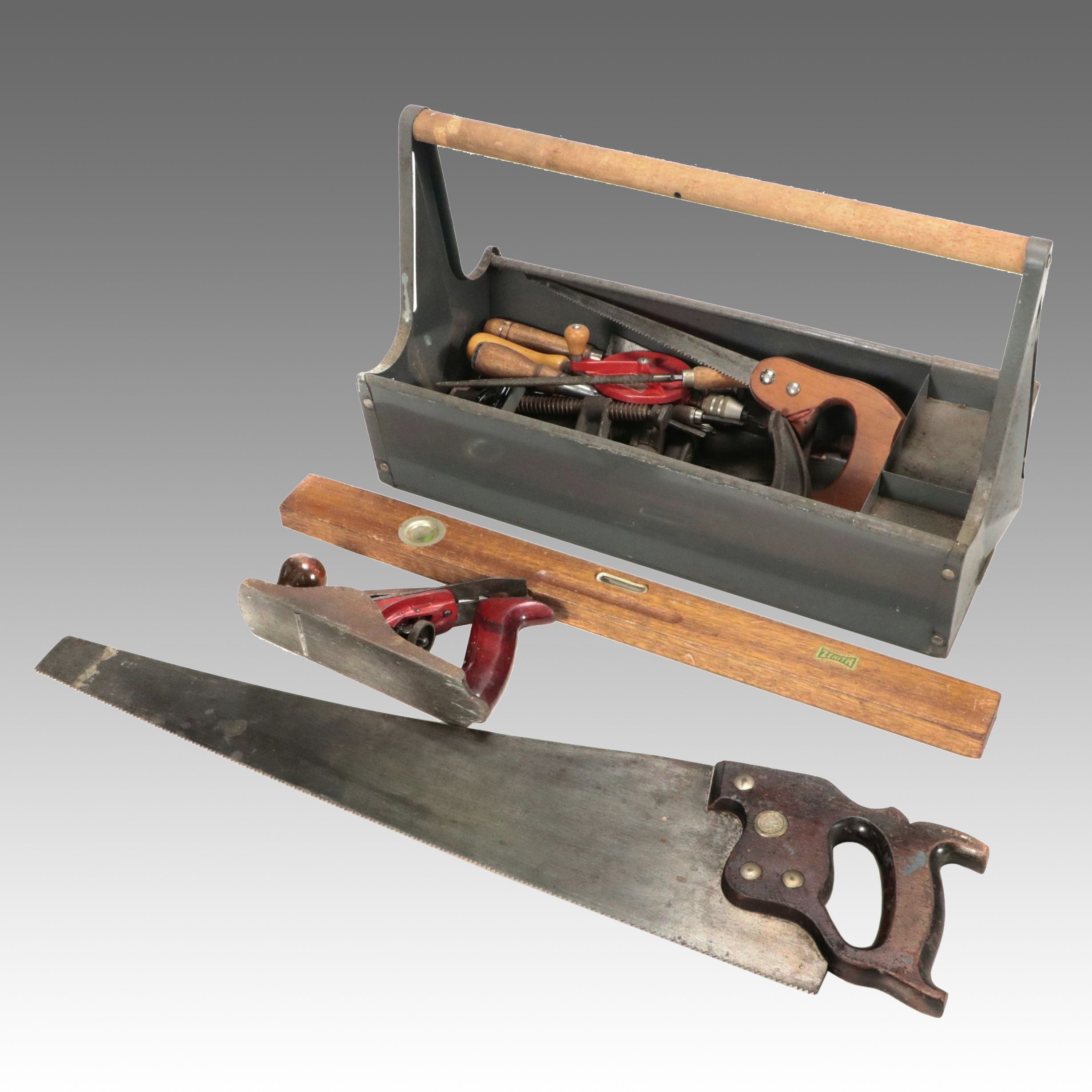 Vintage Saw, Planer, Level and More Tools in Toolbox