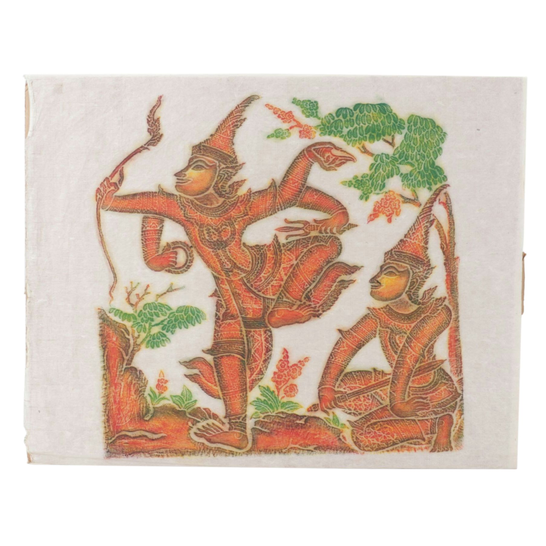 Thai Temple Multi-Color Charcoal Rubbings of Warrior Figures on Rice Paper