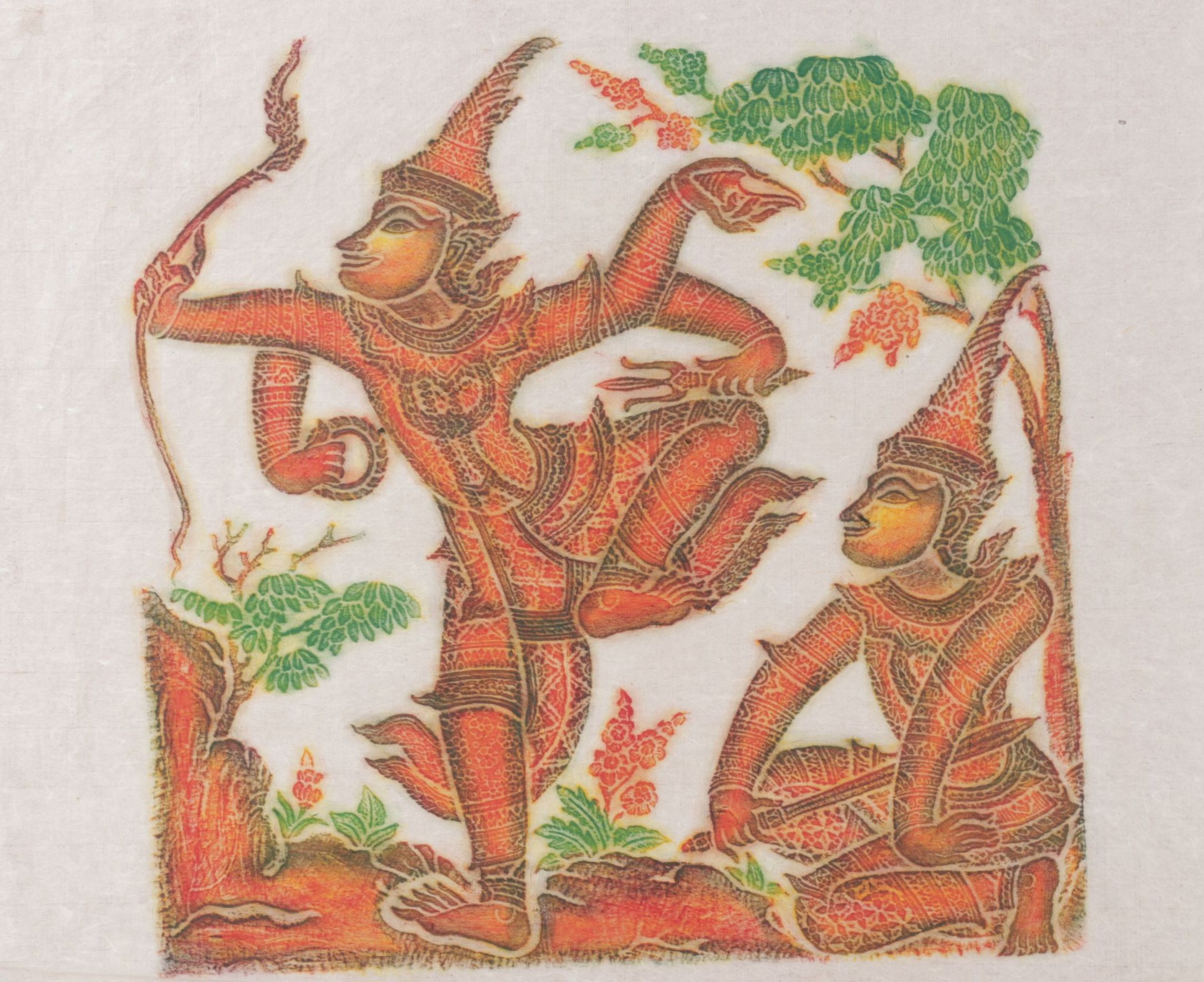 Thai Temple Multi-Color Charcoal Rubbings of Warrior Figures on Rice Paper