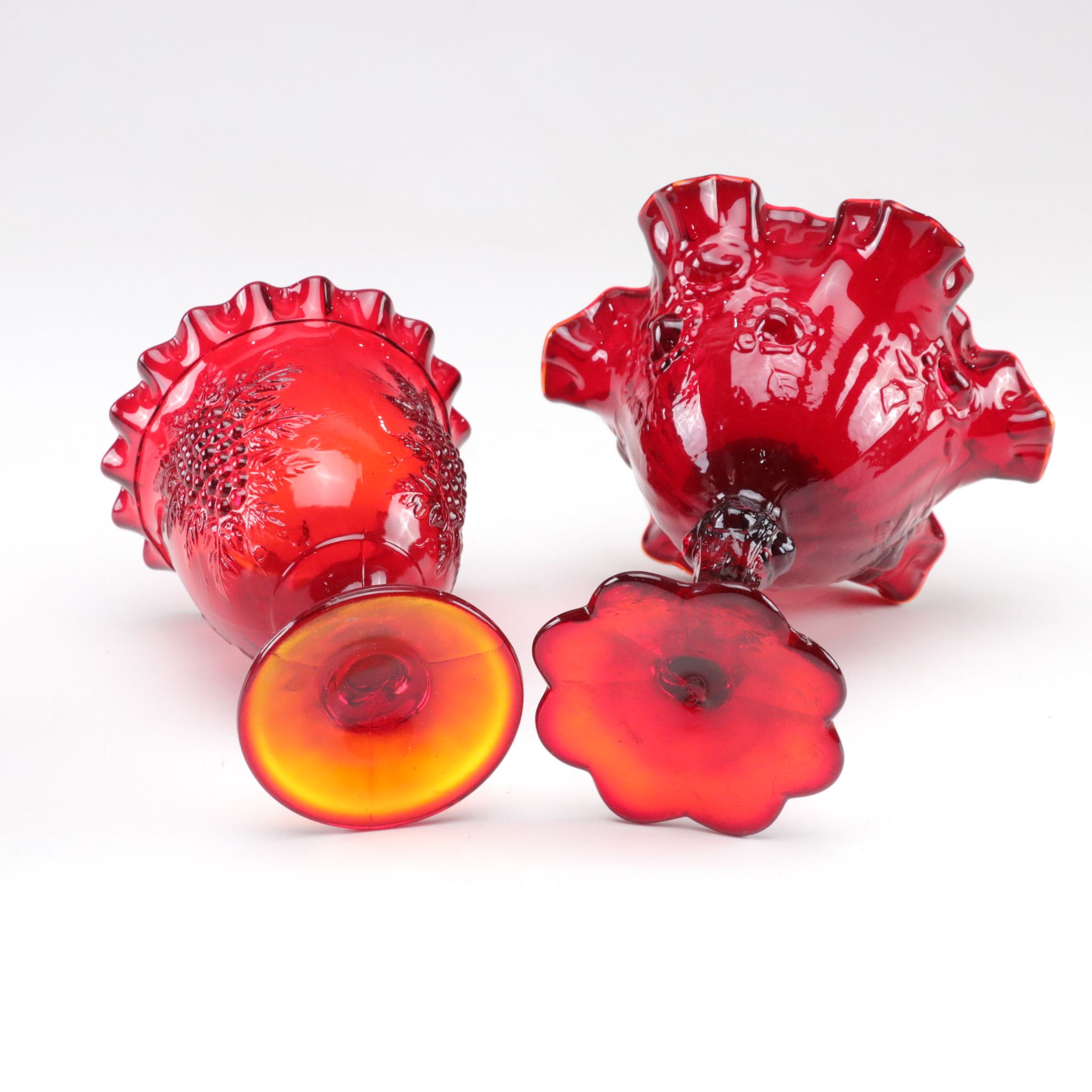 Fenton Ruby Red Rose Pedestal Compote with Anchor Hocking Berry Bowls & More