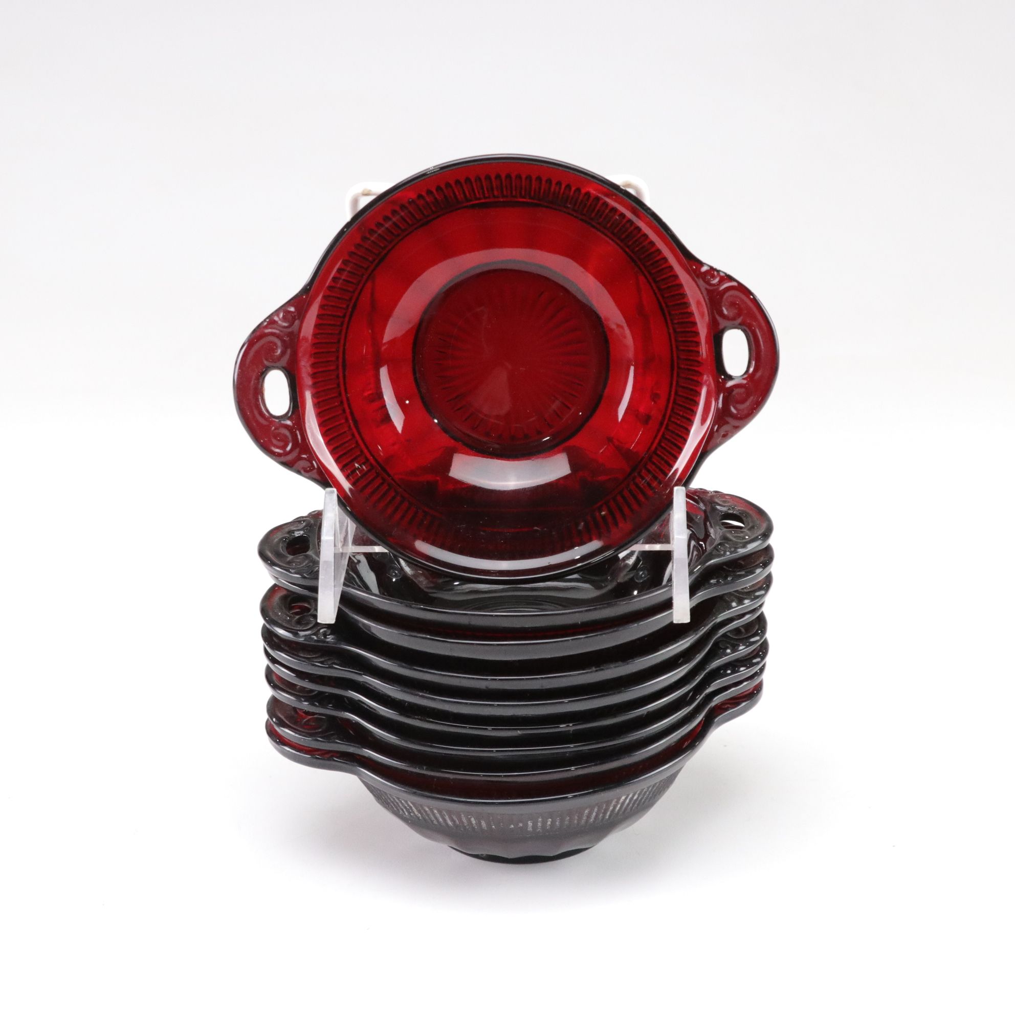 Fenton Ruby Red Rose Pedestal Compote with Anchor Hocking Berry Bowls & More