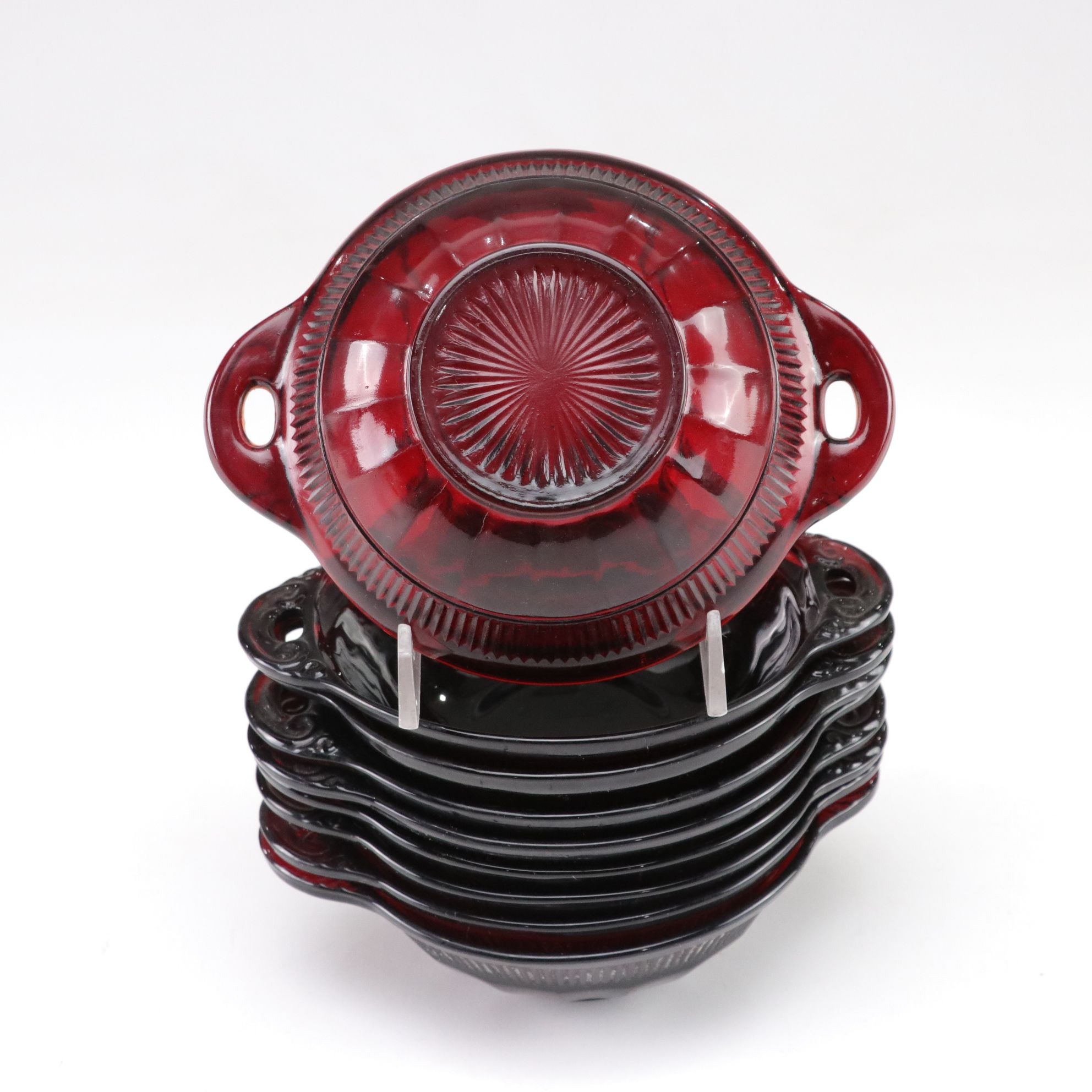 Fenton Ruby Red Rose Pedestal Compote with Anchor Hocking Berry Bowls & More