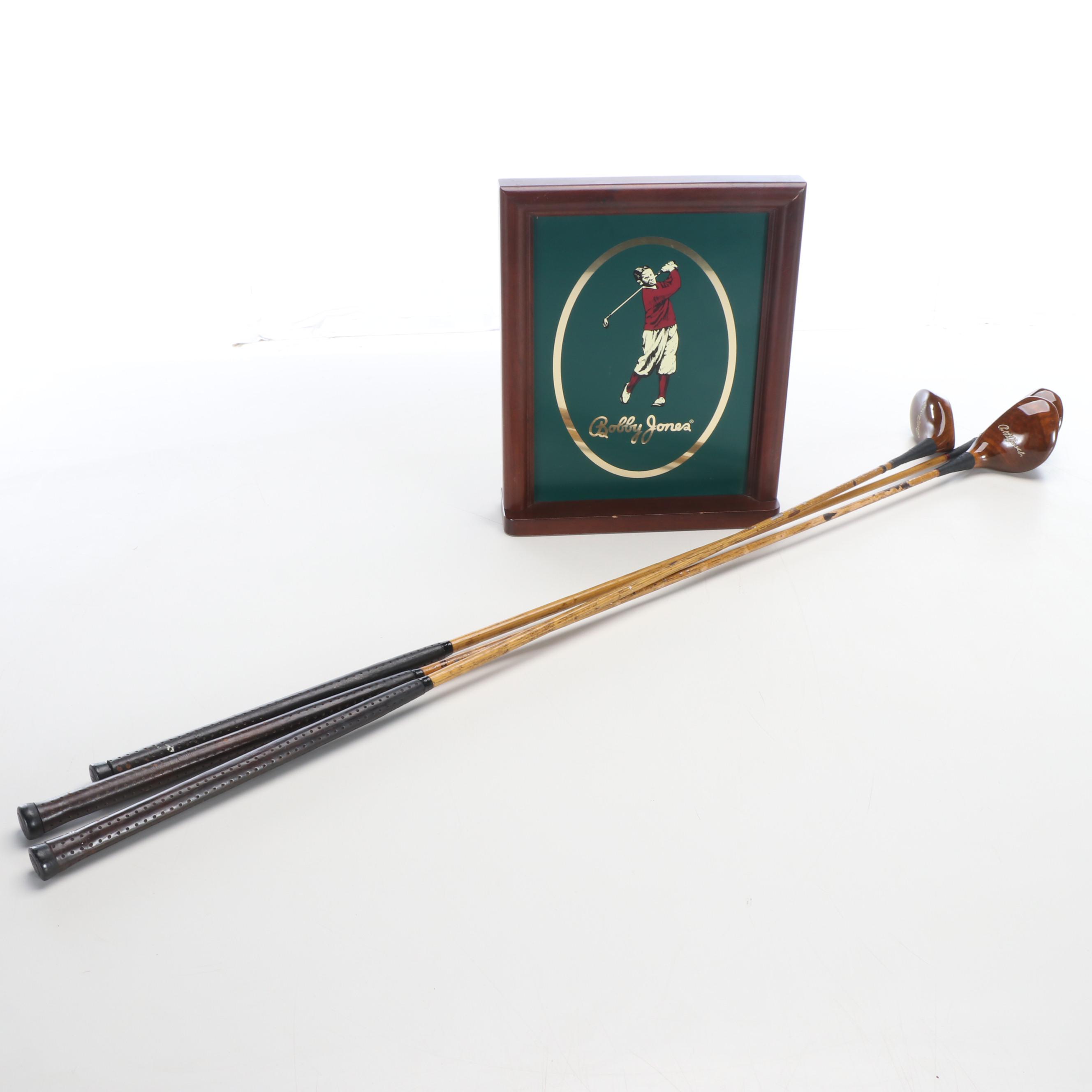 Bobby Jones Double-Sided Portrait, Spalding Autograph Hickory Stick Golf Clubs