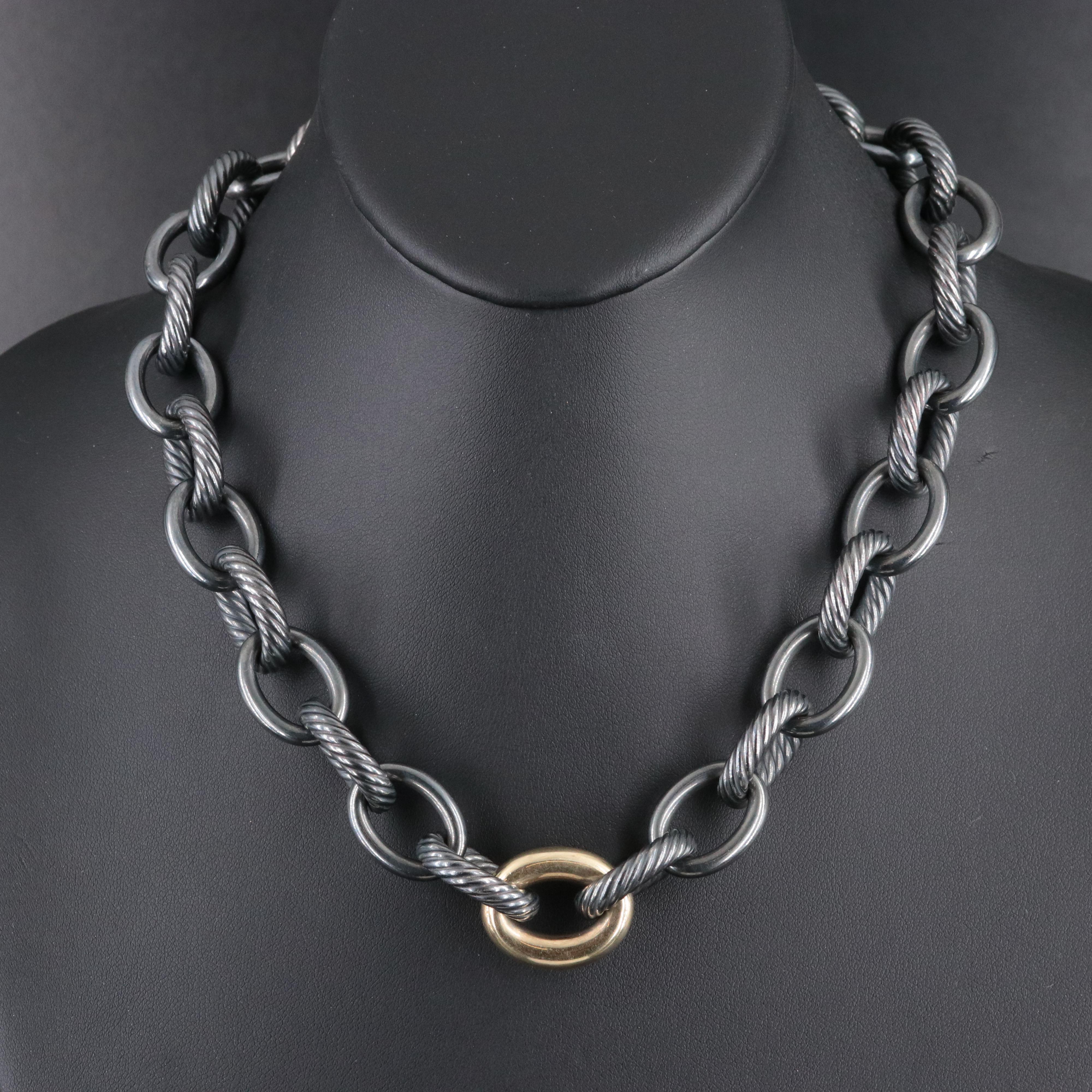 David Yurman Darkened Sterling Oval Link Necklace with 14K Bonded Gold Accent