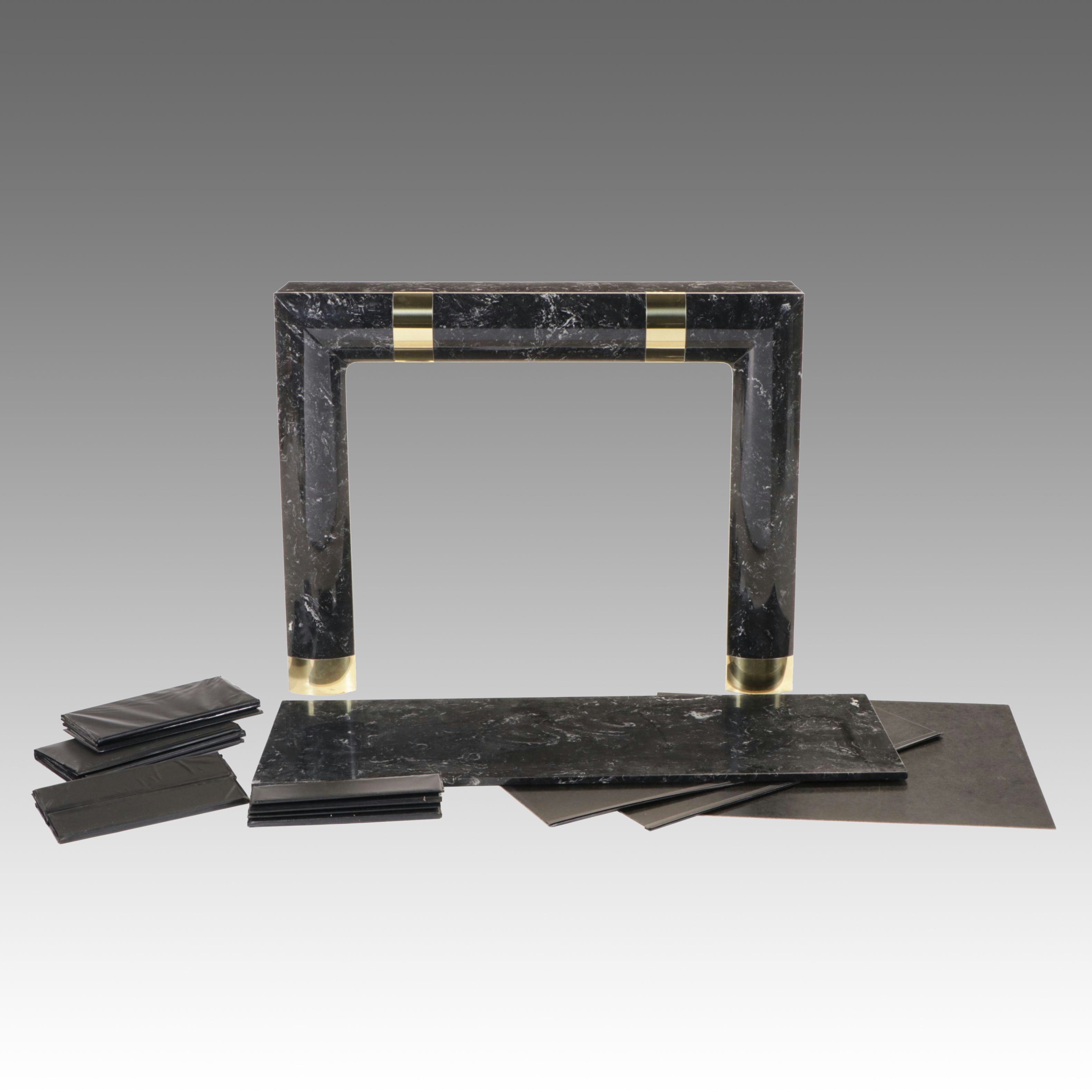 Deco Revival Style Black Marble Mantel with Brass Bands