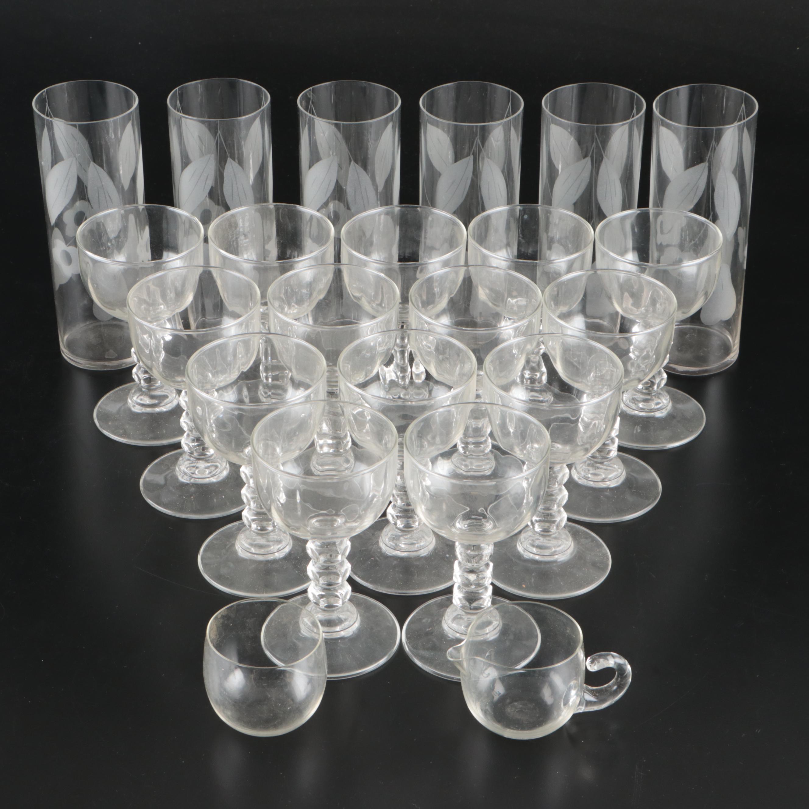 Floral Etched Glass Tumblers with Champagne Coupes and Other Bar Accessories