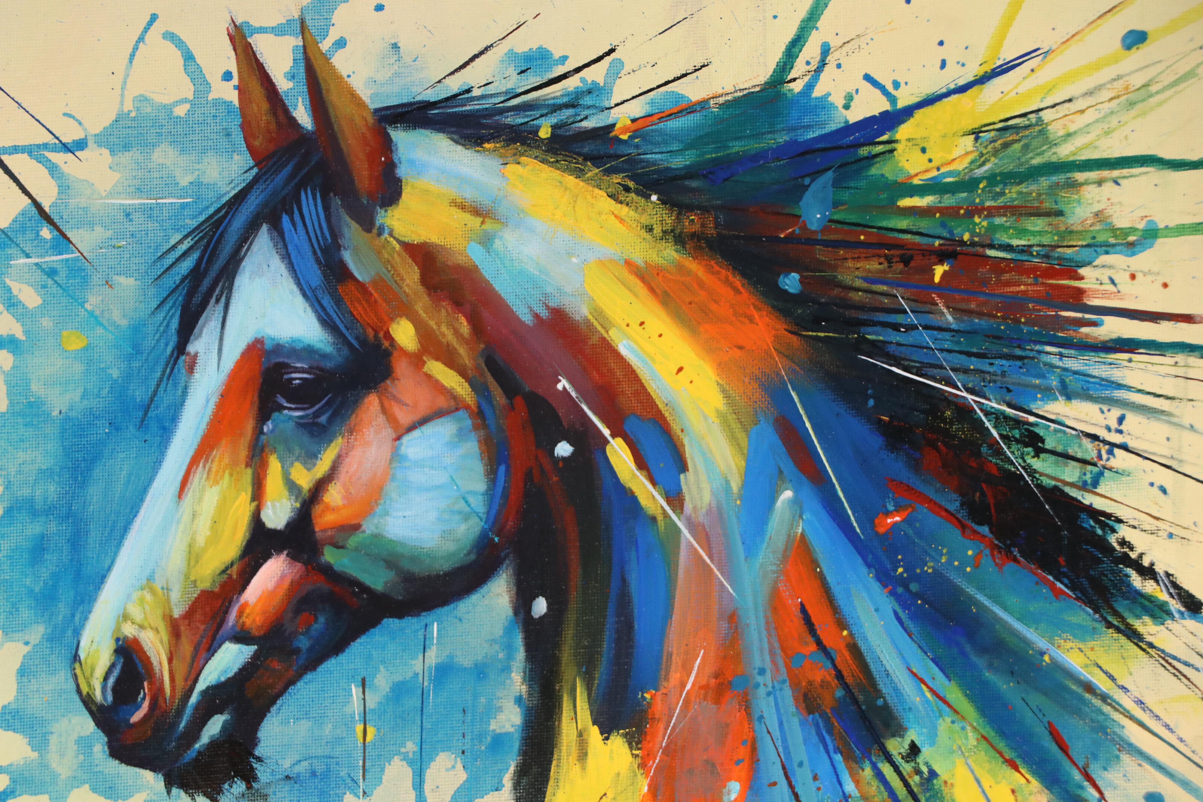 Loana Lopez Stylized Acrylic Painting of Horse, 21st Century