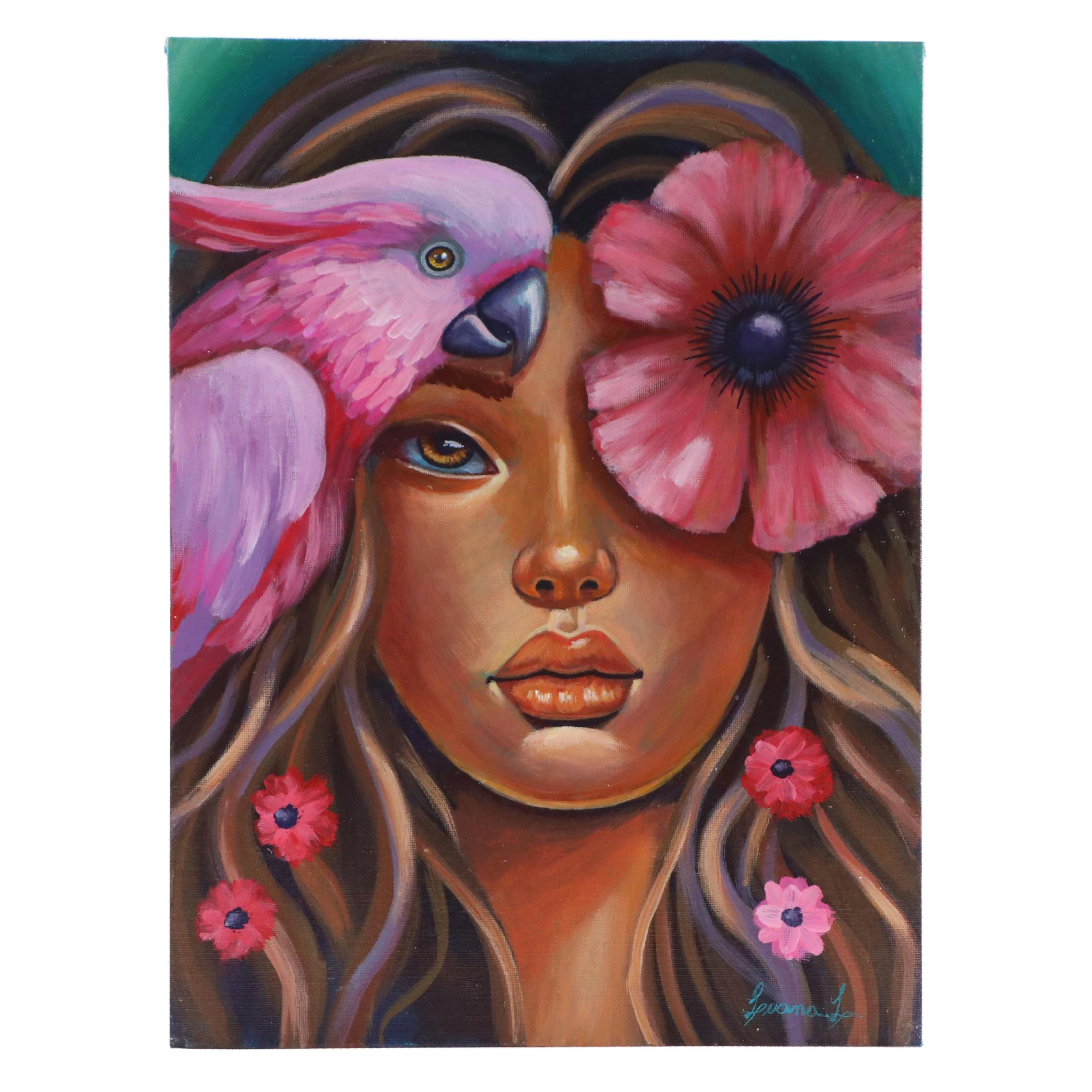 Loana Lopez Surrealist Acrylic Portrait, 21st Century