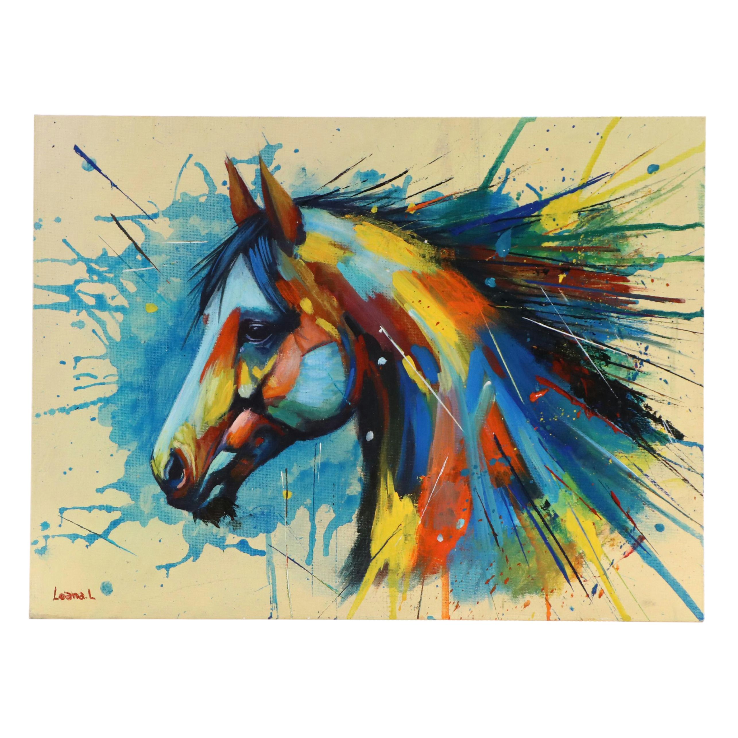 Loana Lopez Stylized Acrylic Painting of Horse, 21st Century