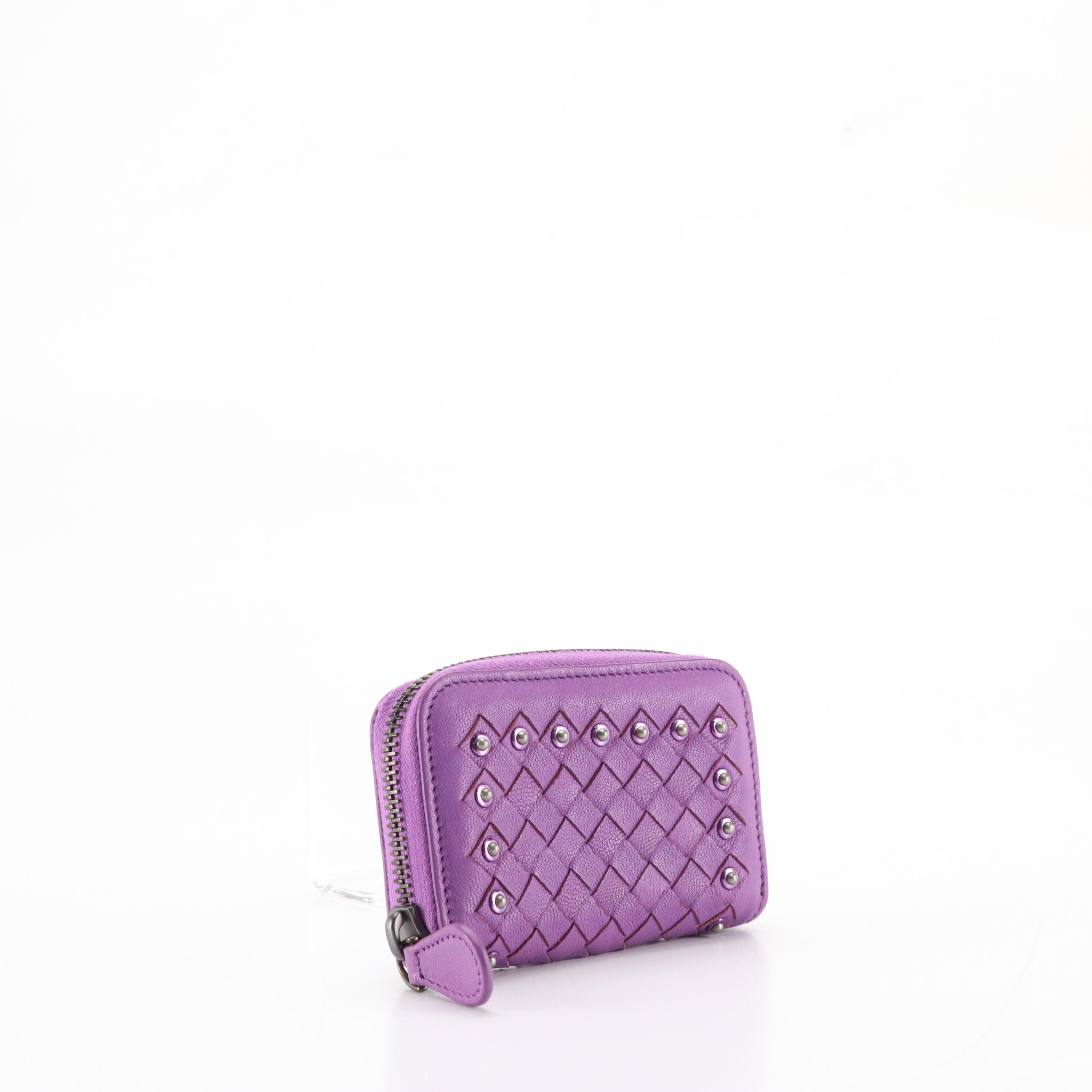 Bottega Veneta Studded Zip-Around Card Holder in Purple Intrecciato Leather