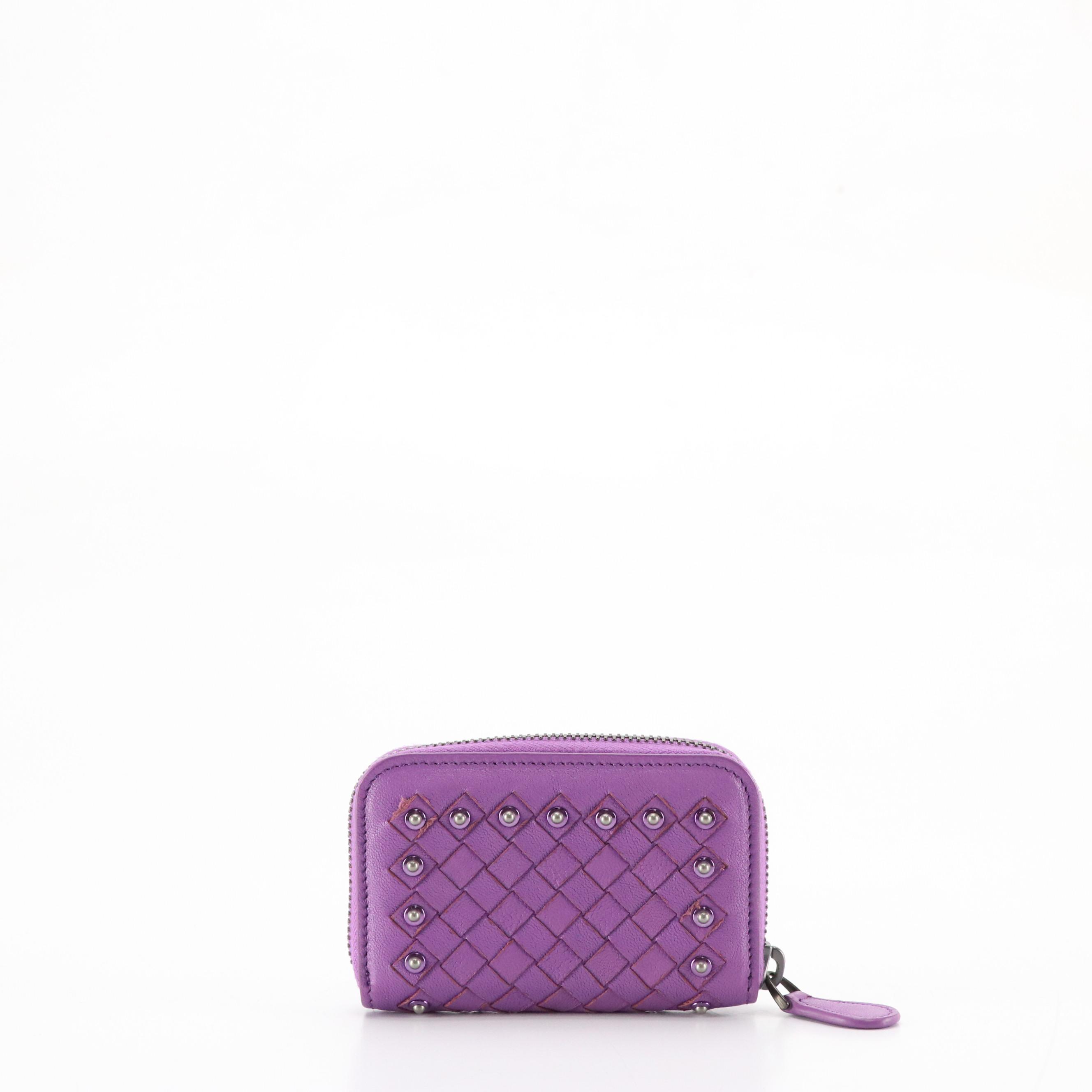 Bottega Veneta Studded Zip-Around Card Holder in Purple Intrecciato Leather