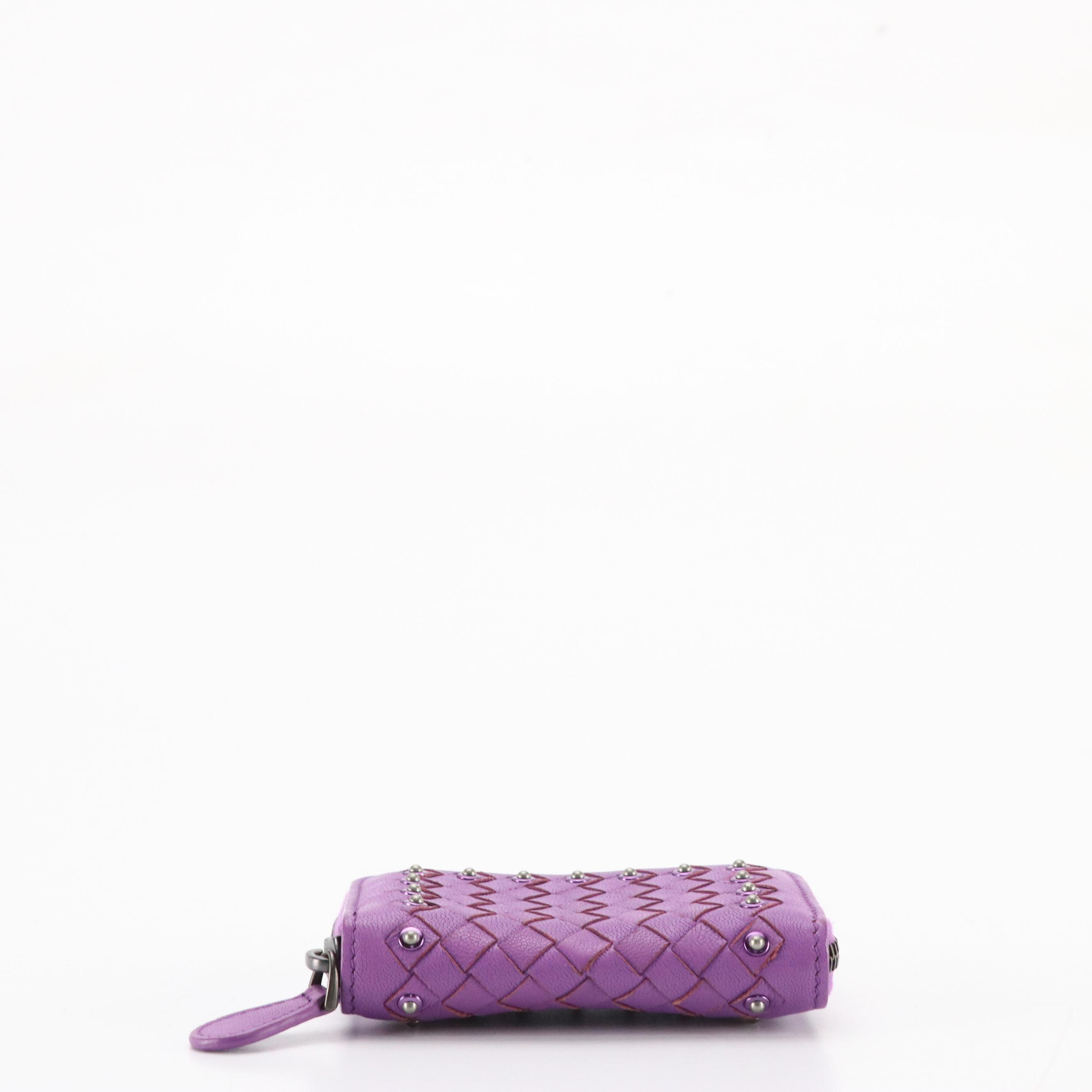 Bottega Veneta Studded Zip-Around Card Holder in Purple Intrecciato Leather