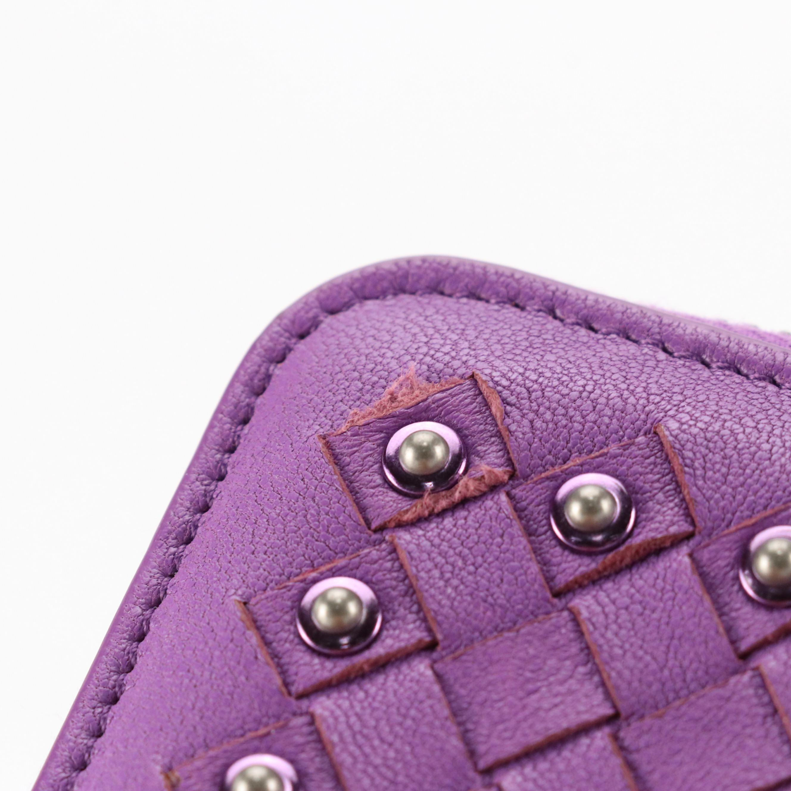 Bottega Veneta Studded Zip-Around Card Holder in Purple Intrecciato Leather