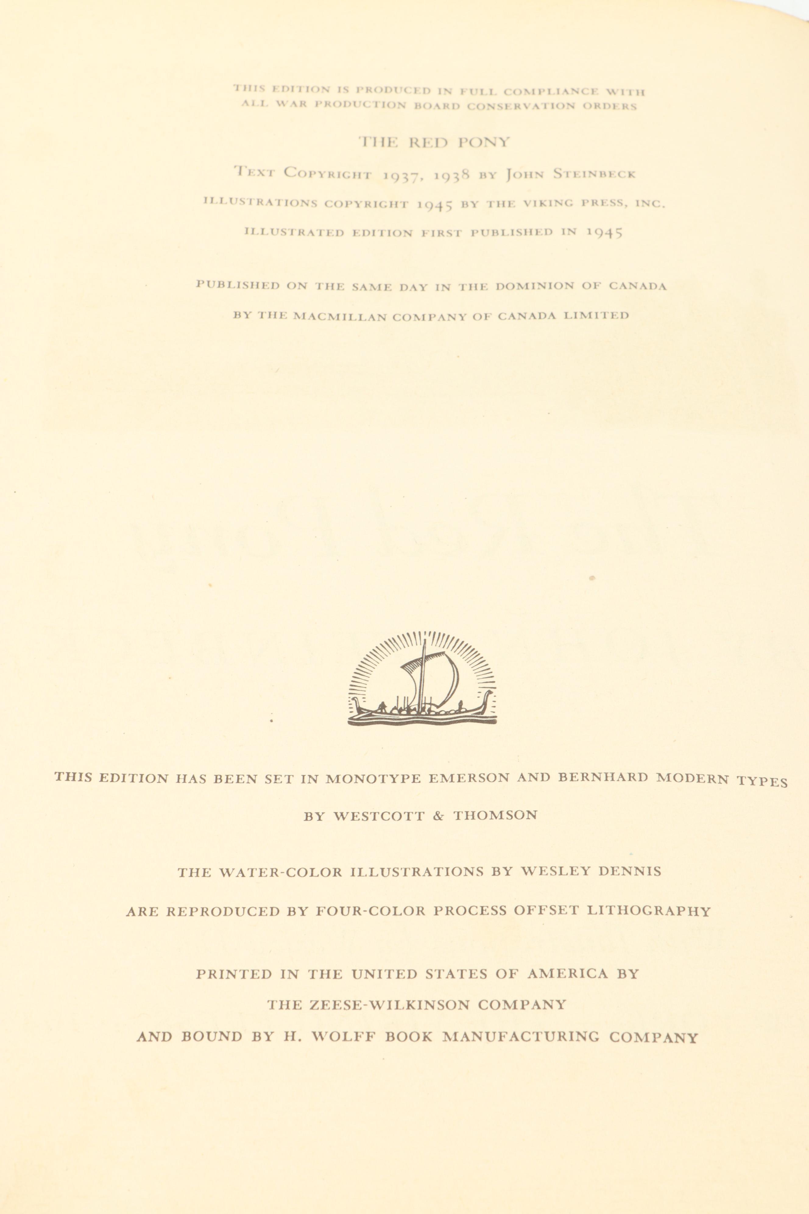 First Illustrated Edition "The Red Pony" by John Steinbeck, 1945