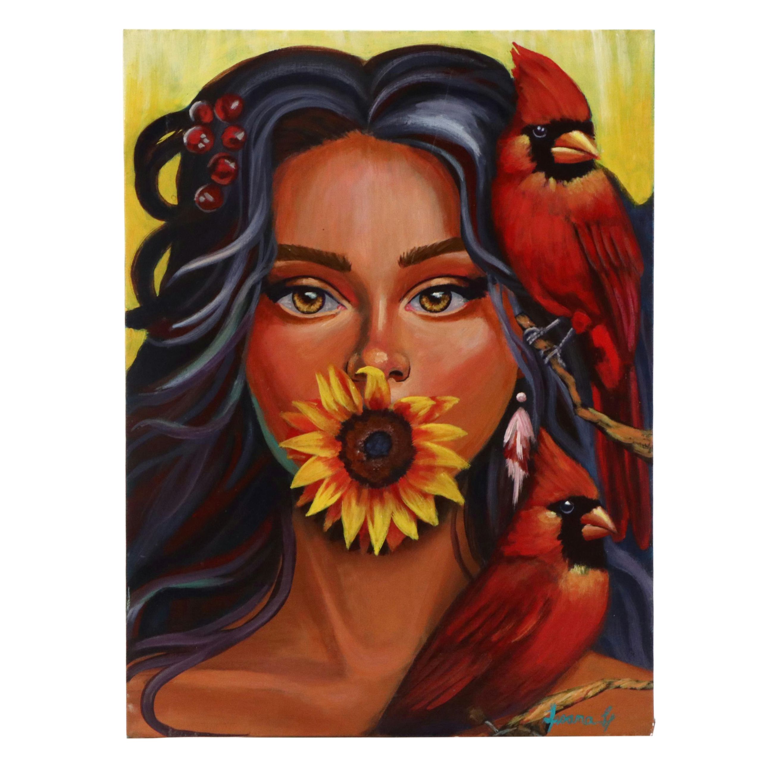 Loana Lopez Surrealist Acrylic Portrait, 21st Century