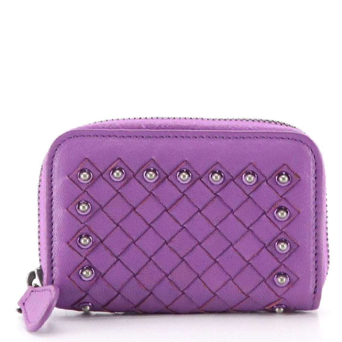 Bottega Veneta Studded Zip-Around Card Holder in Purple Intrecciato Leather