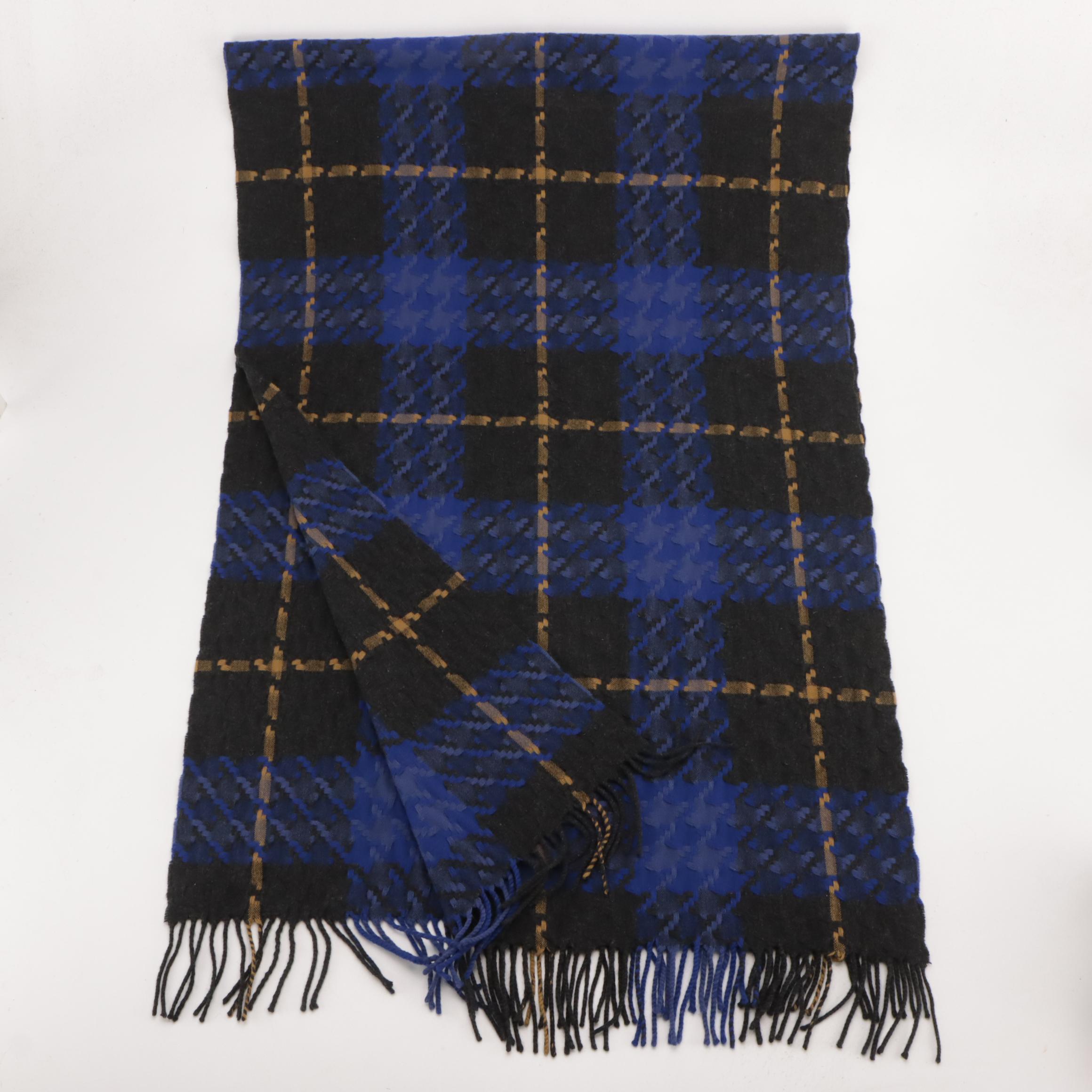 Burberry Large Houndstooth Plaid Wool and Cashmere Knit Fringe Scarf
