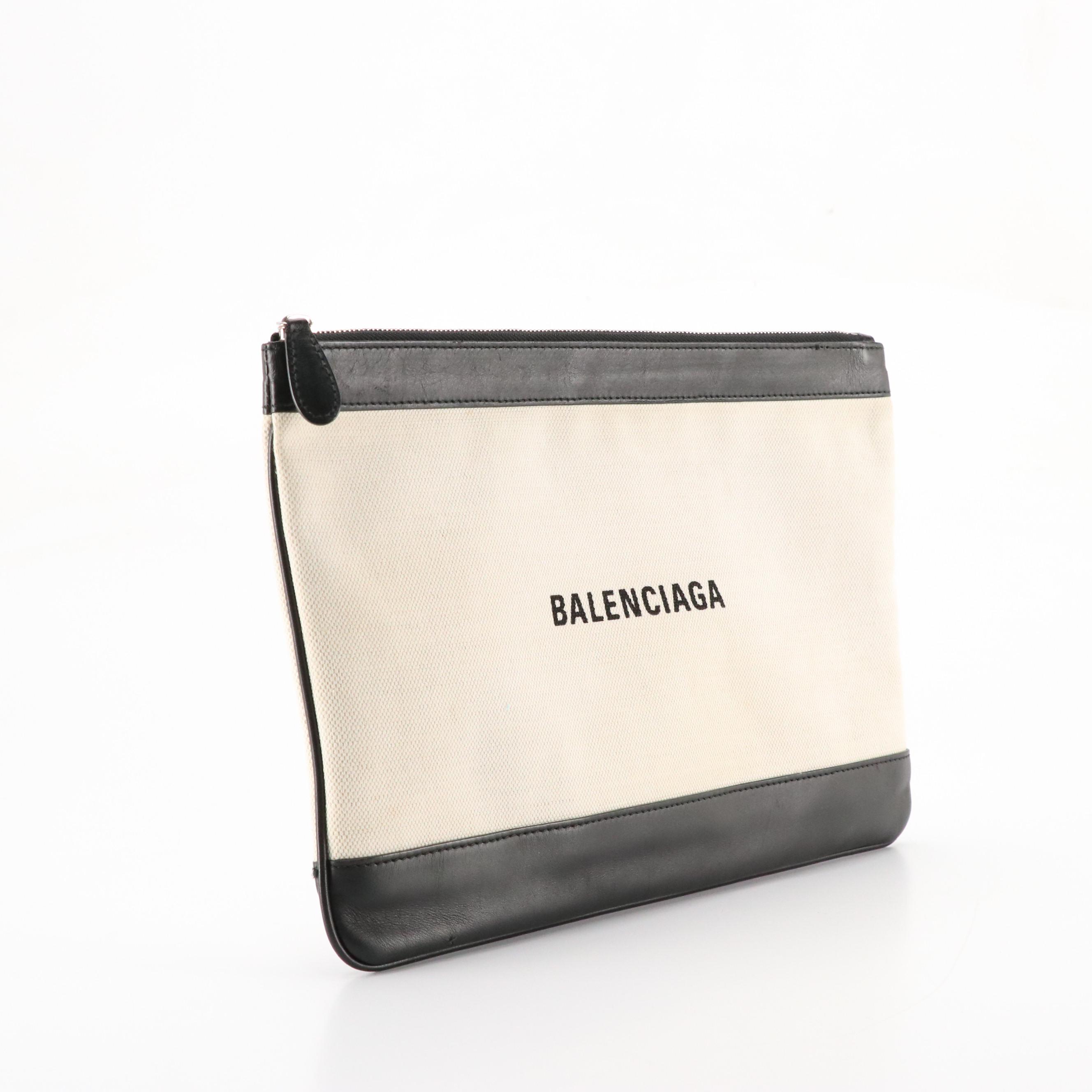 Balenciaga Logo Zip Clutch in Canvas with Calfskin Leather Trim