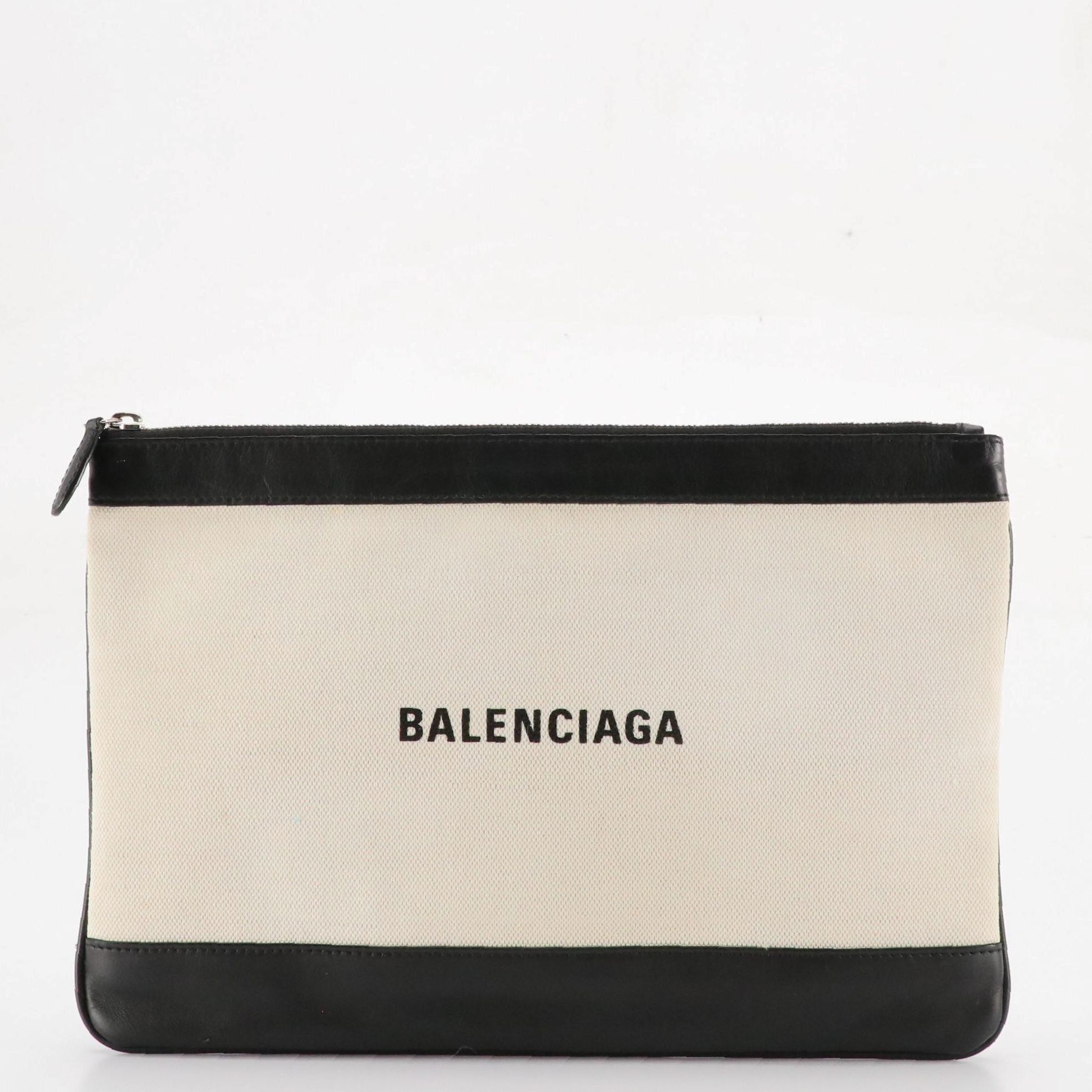 Balenciaga Logo Zip Clutch in Canvas with Calfskin Leather Trim