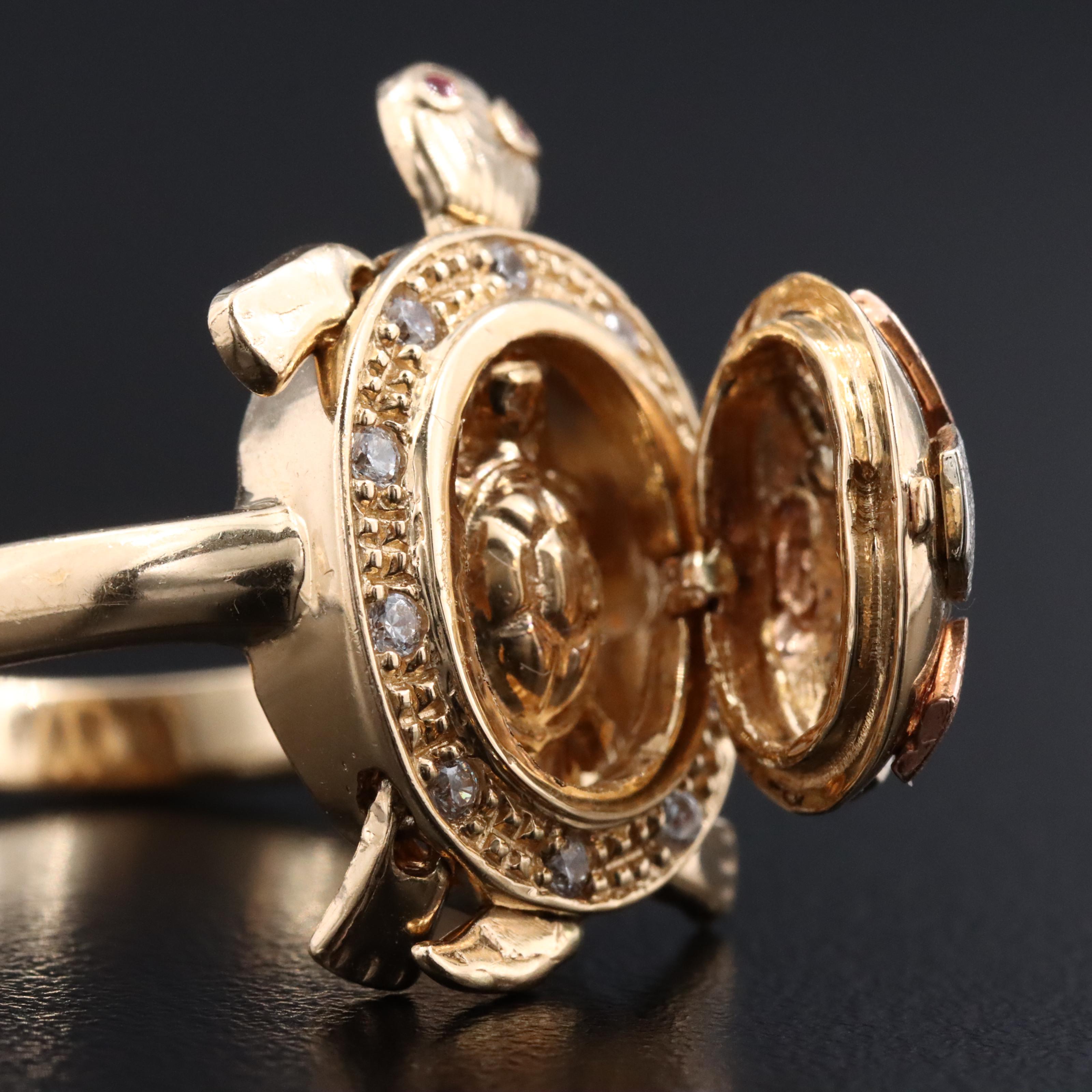 14K CZ Articulated Turtle Ring with Ruby Eyes