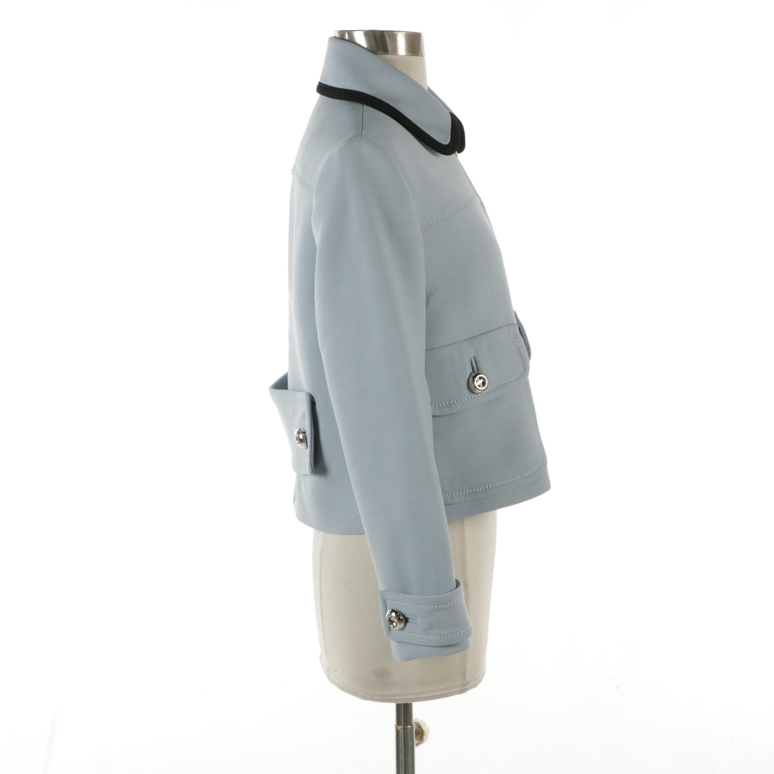 Prada Cropped Zipper-Front Blazer Jacket in Baby Blue Wool