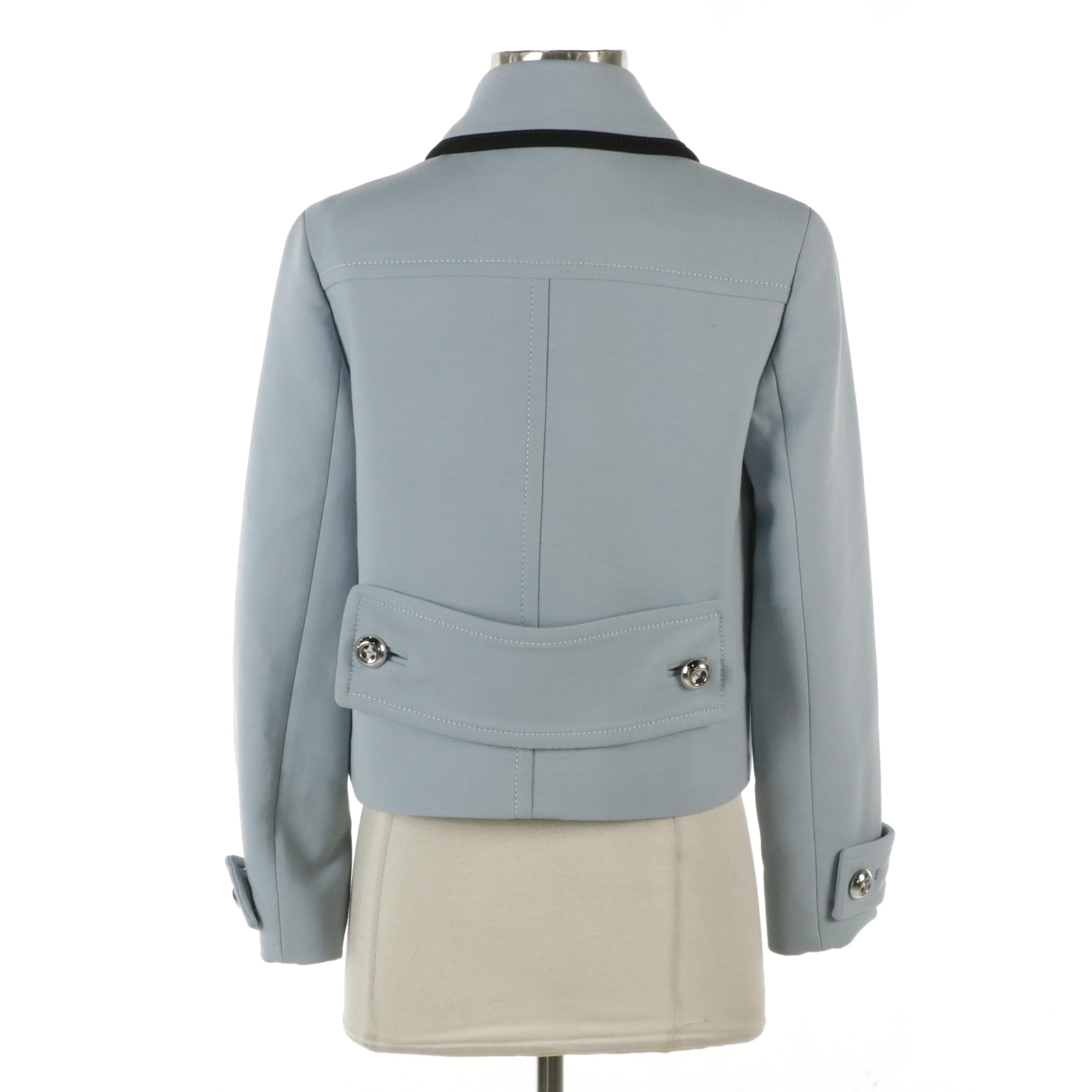 Prada Cropped Zipper-Front Blazer Jacket in Baby Blue Wool