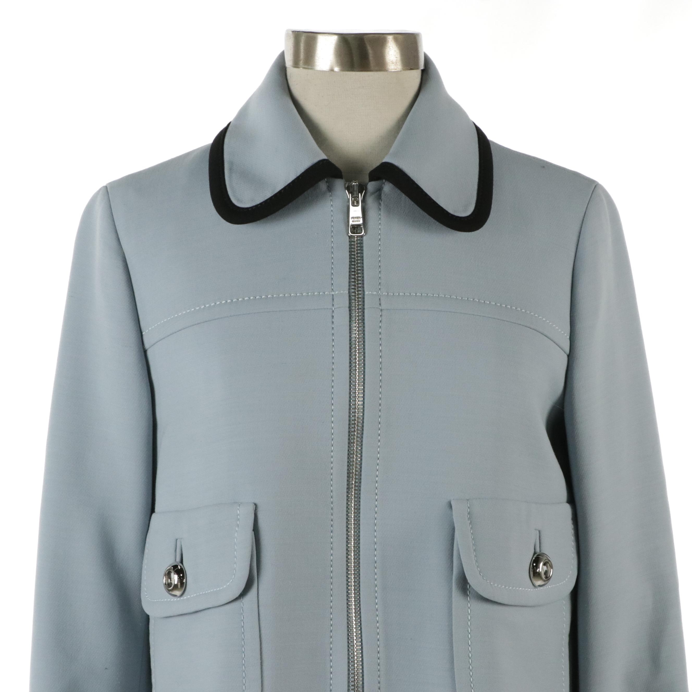 Prada Cropped Zipper-Front Blazer Jacket in Baby Blue Wool