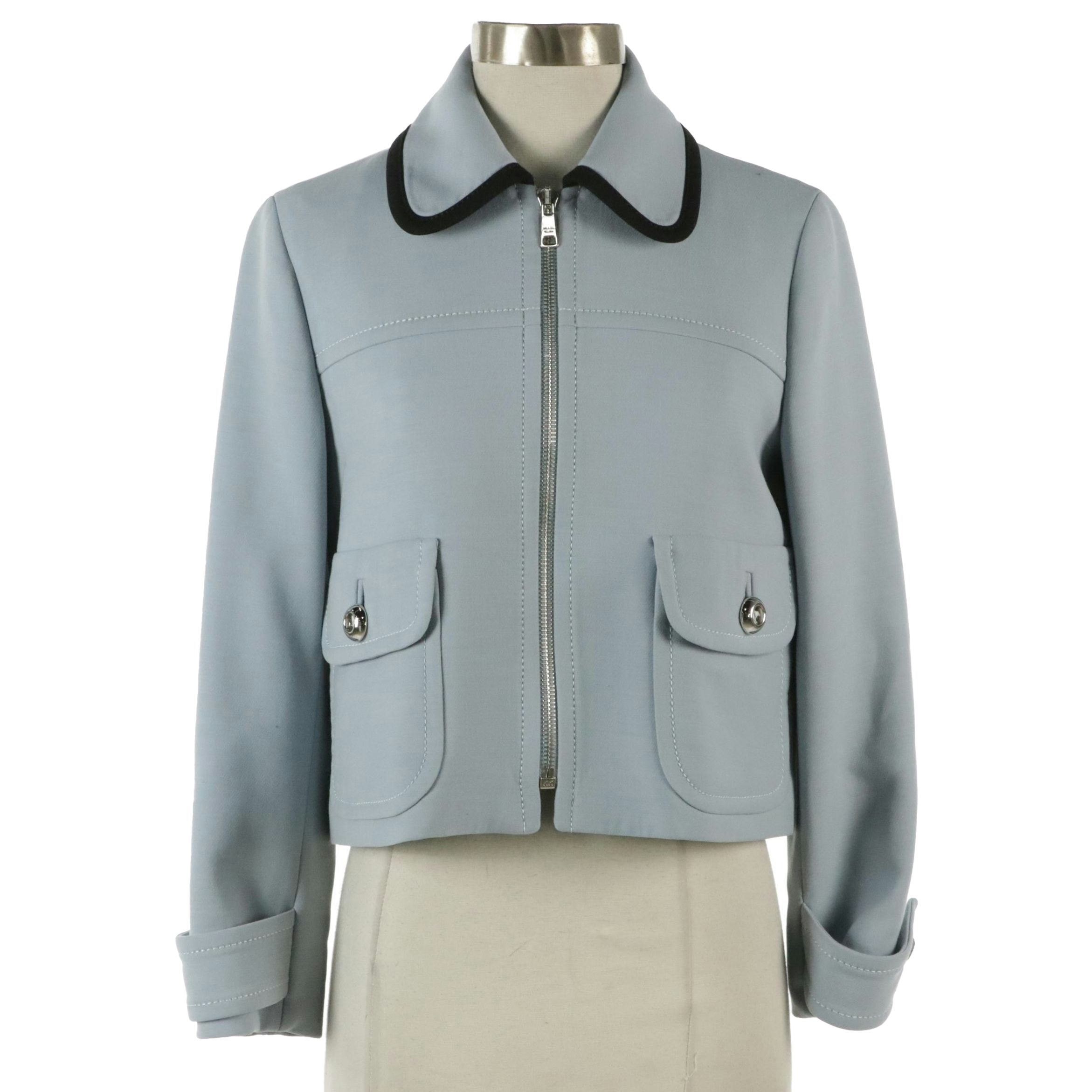 Prada Cropped Zipper-Front Blazer Jacket in Baby Blue Wool