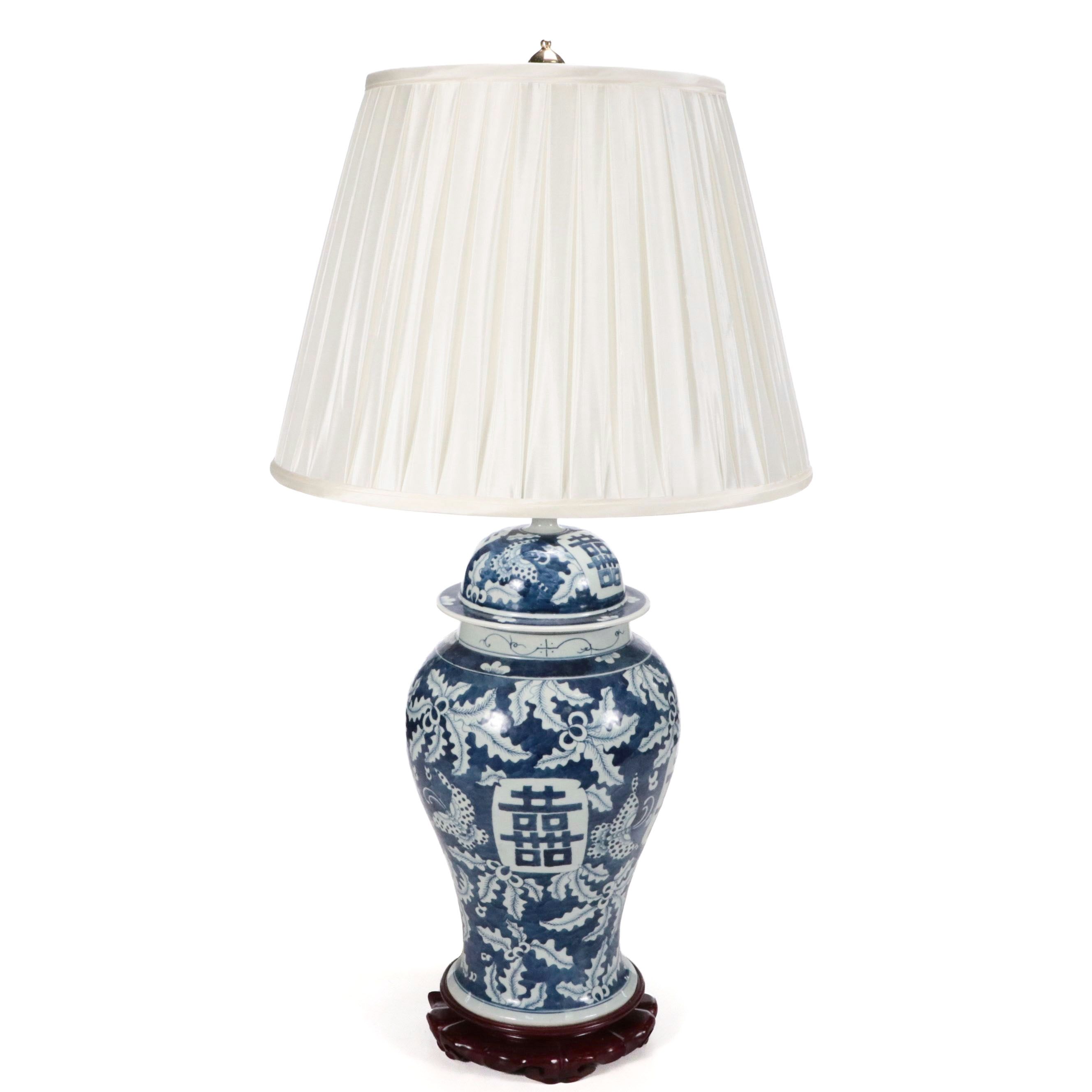 Chinese Porcelain Blue and White Ginger Jar Table Lamp with Silk Pleat Shades