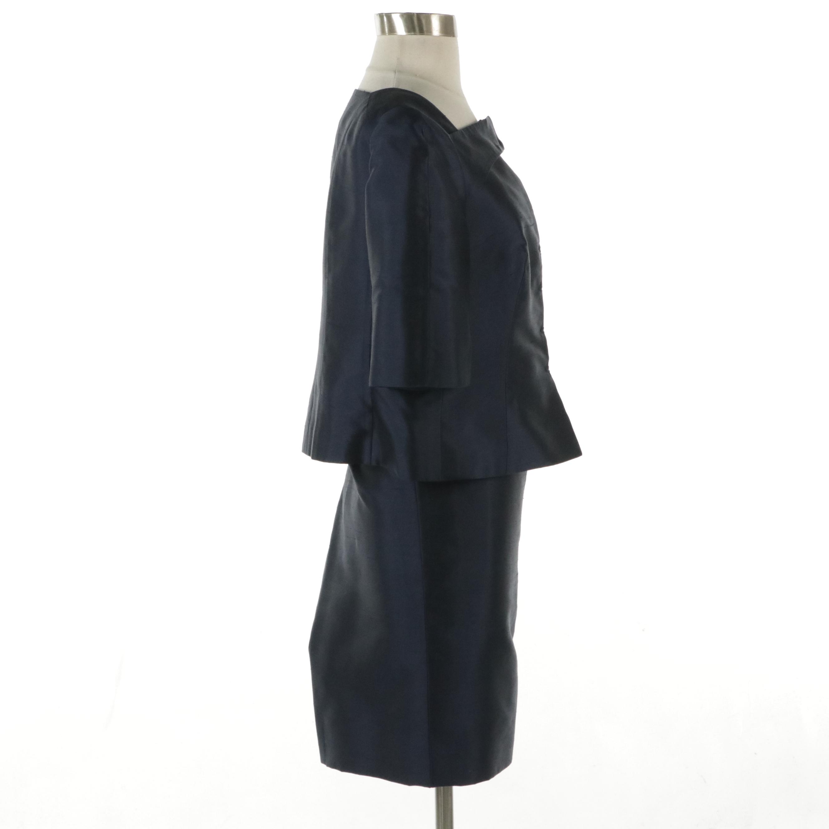 Akris Navy Blue Silk Skirt Short-Sleeve Skirt Suit