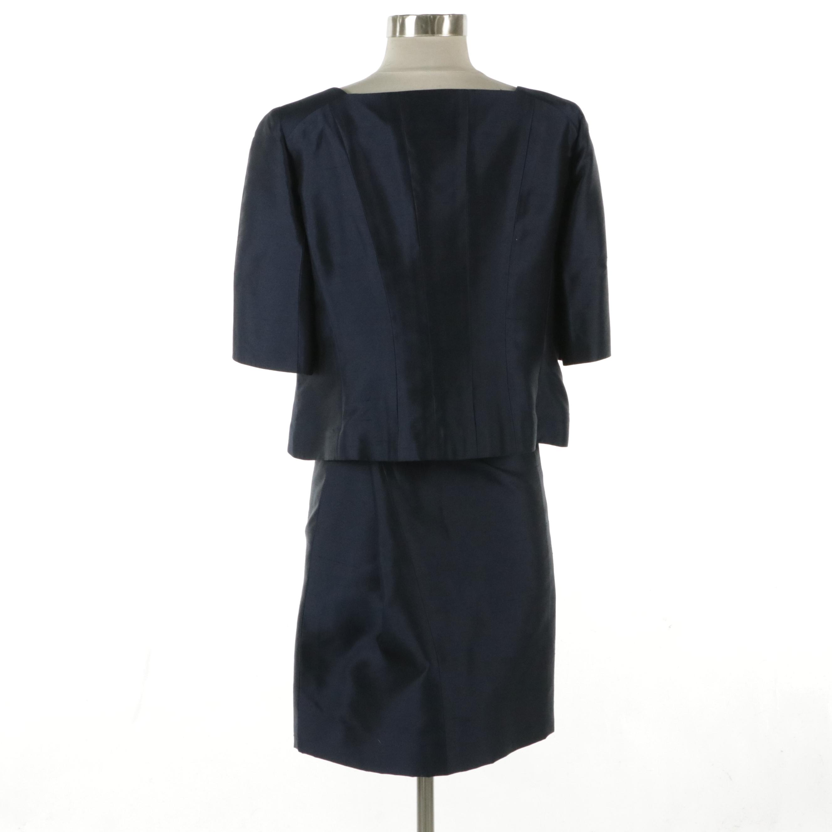 Akris Navy Blue Silk Skirt Short-Sleeve Skirt Suit