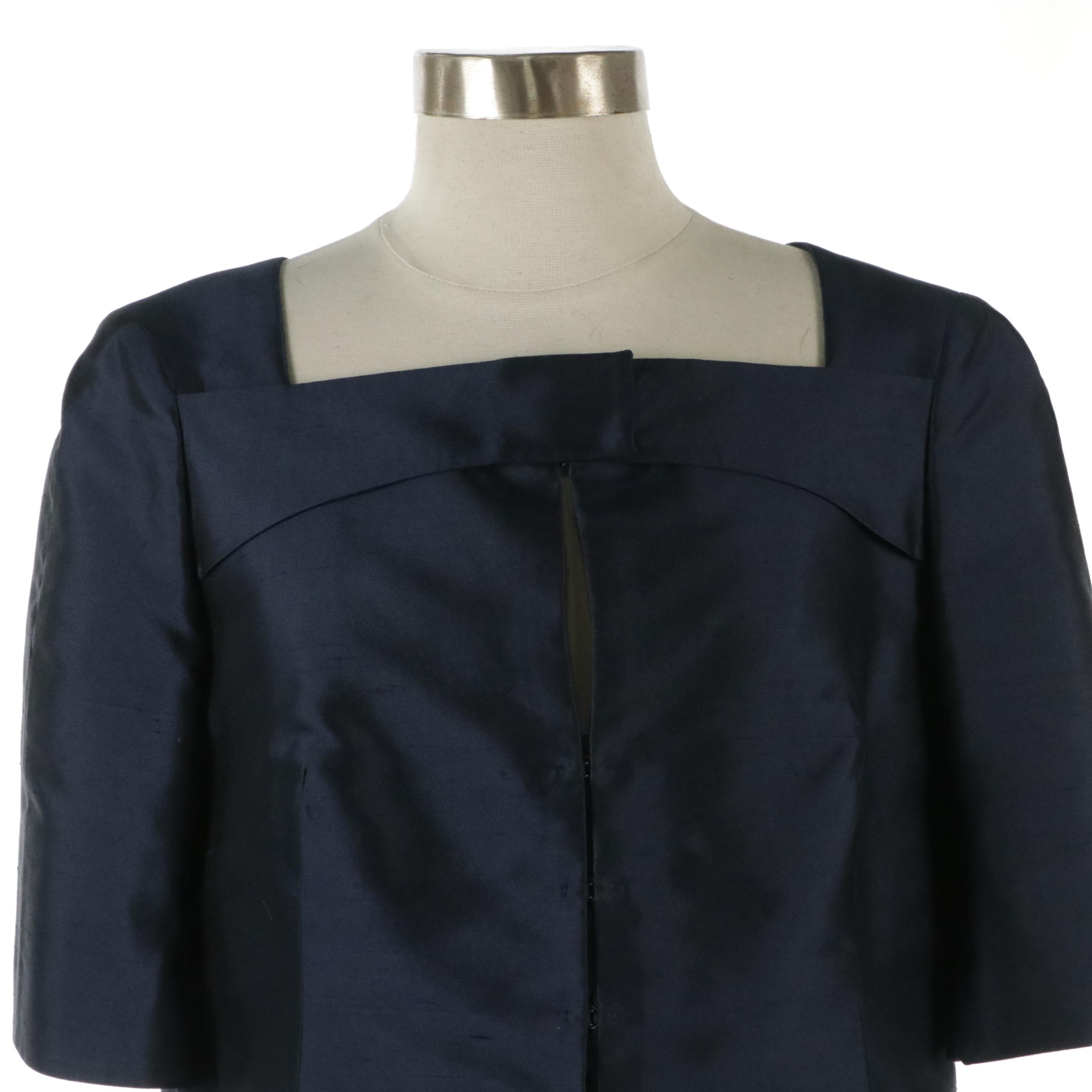 Akris Navy Blue Silk Skirt Short-Sleeve Skirt Suit