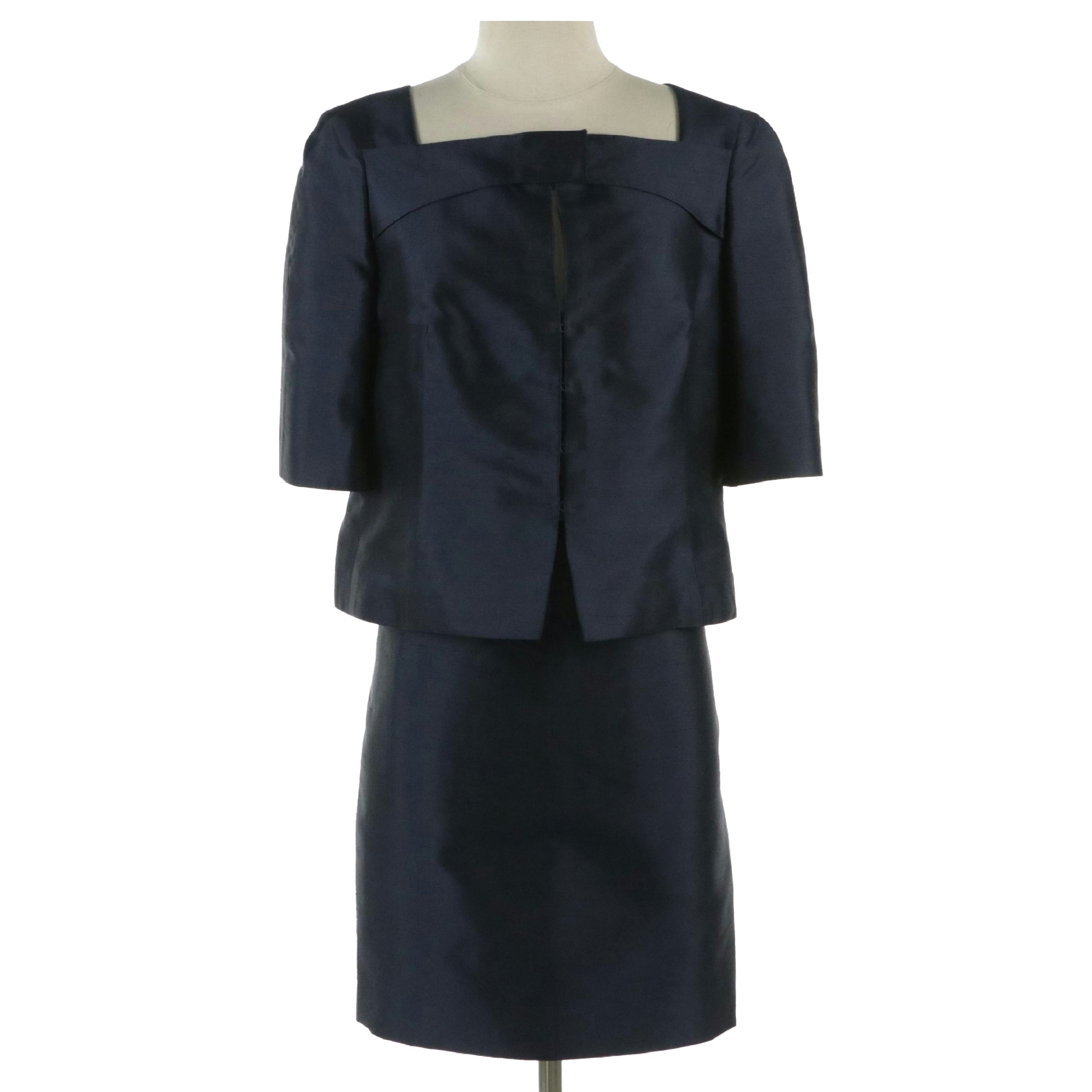 Akris Navy Blue Silk Skirt Short-Sleeve Skirt Suit
