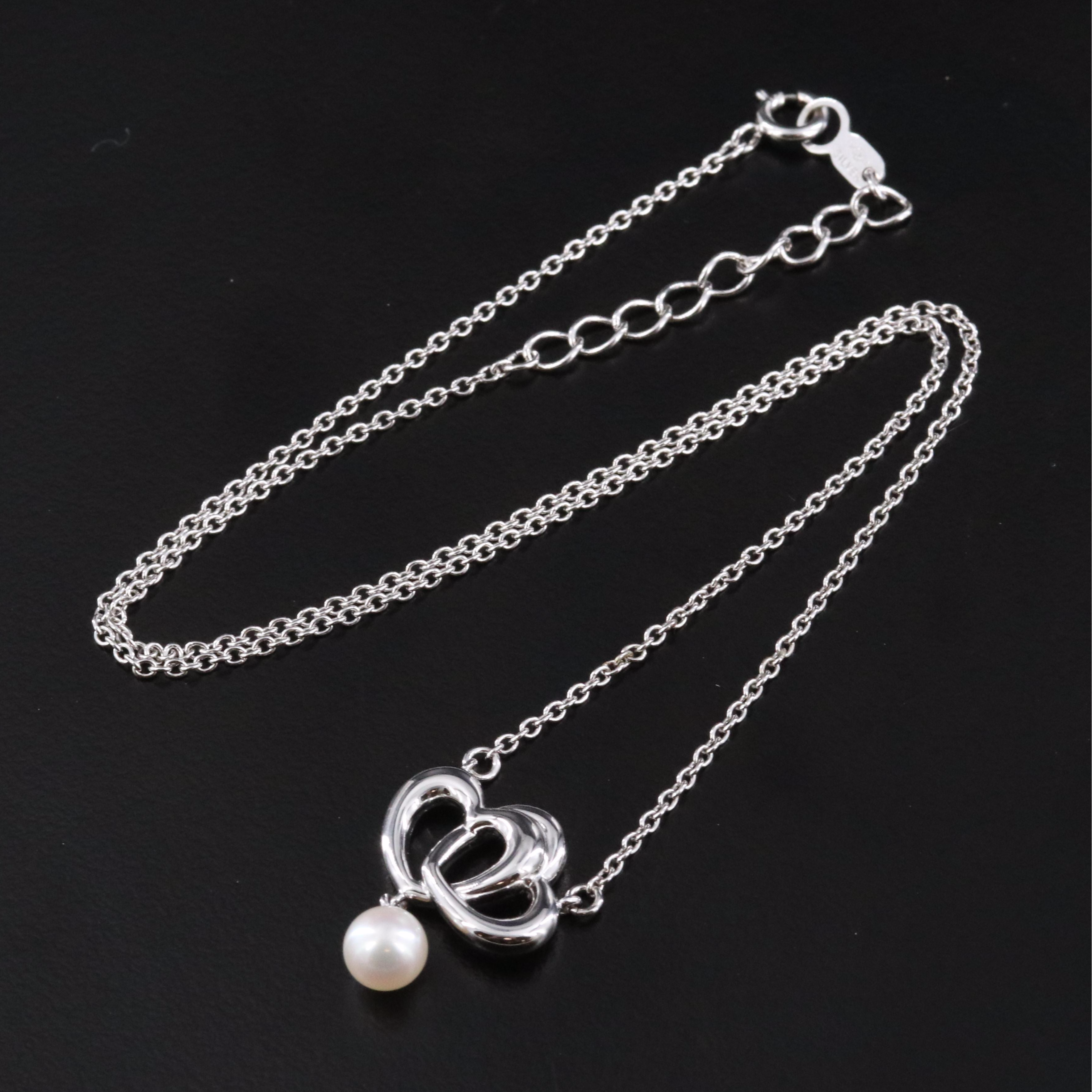 Tasaki Sterling Double Heart Pearl Drop Necklace