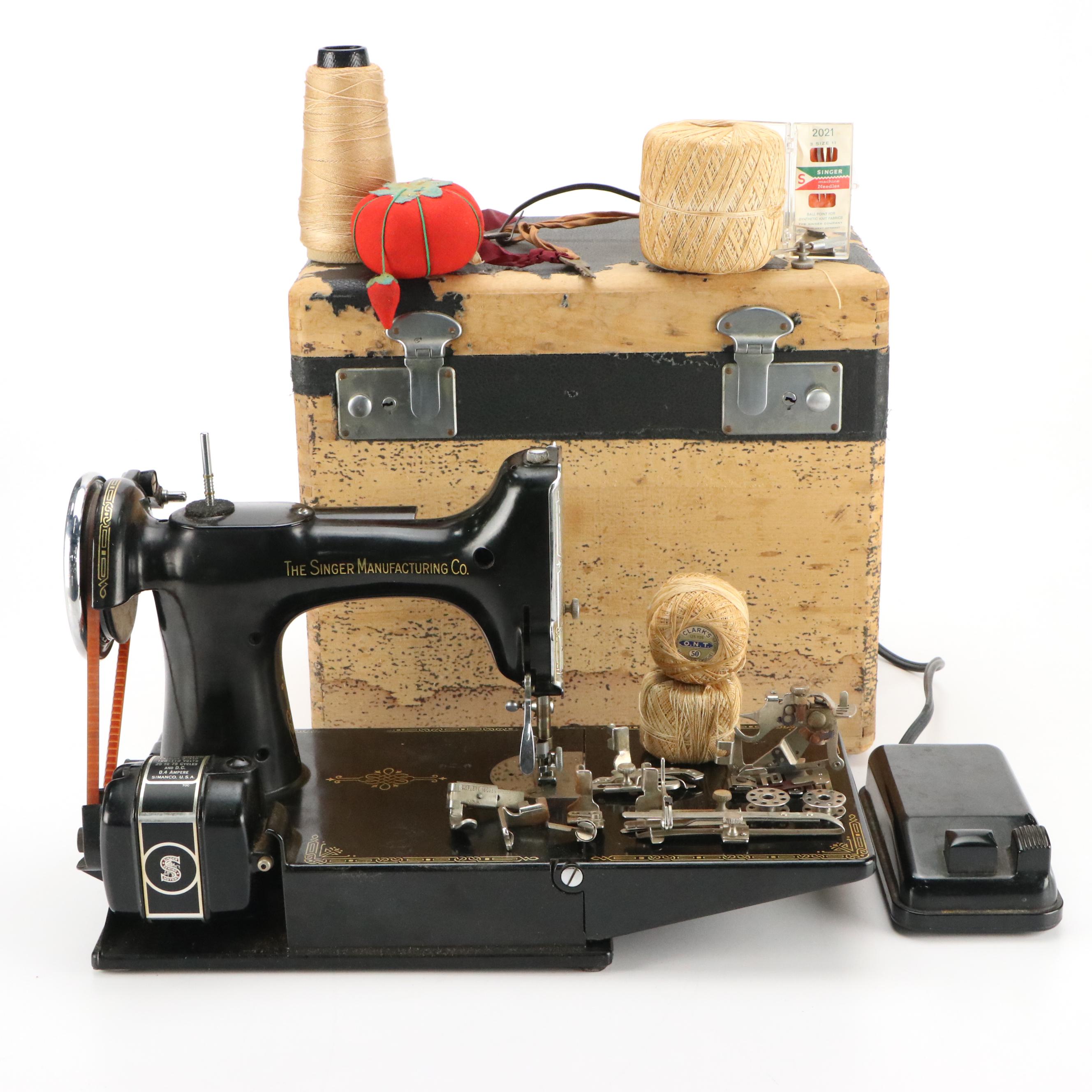 Singer Featherweight Sewing Machine with Travel Case and Accessories, 1937